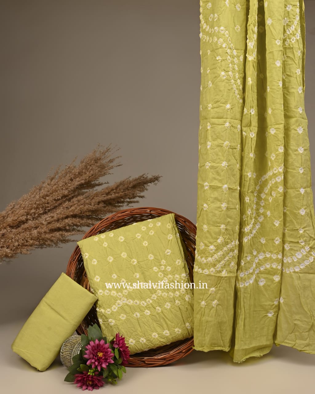 Shop bandhani print cotton suits with mulmul dupatta online (BAS46)