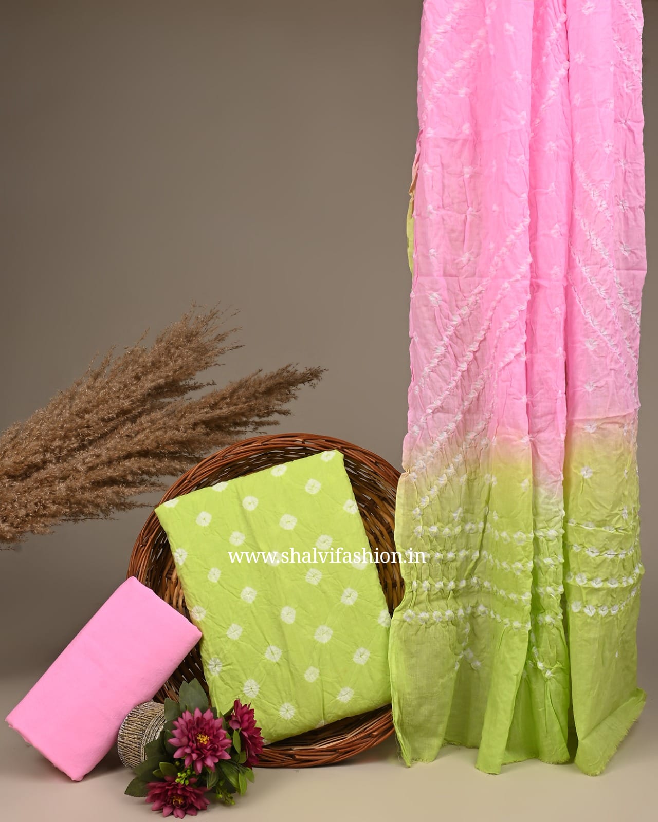 Shop unstitched bandhani print muslin with mulmul dupatta (BAS48)