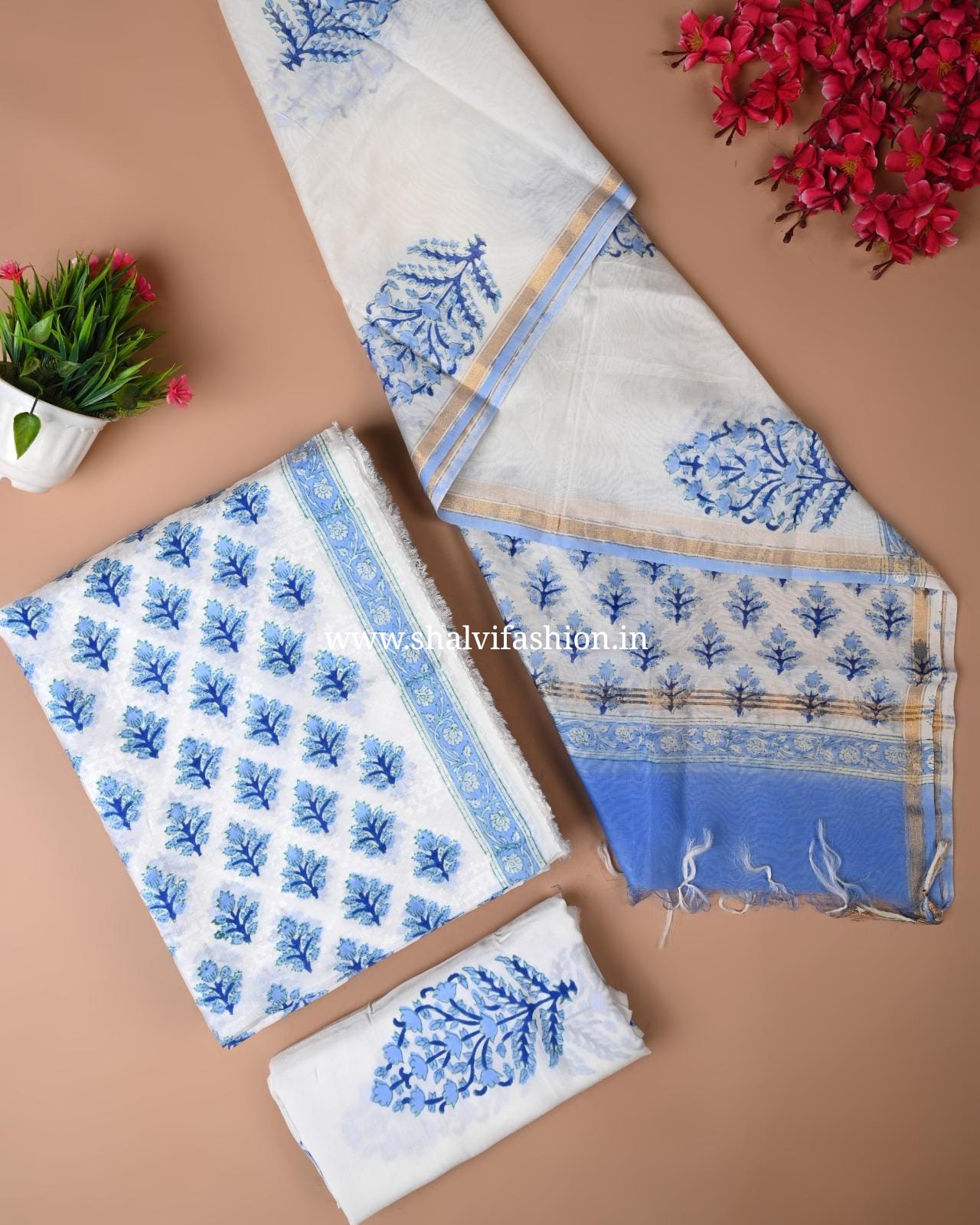 Shop block printed jacquard silk suit sets online (CHA124)