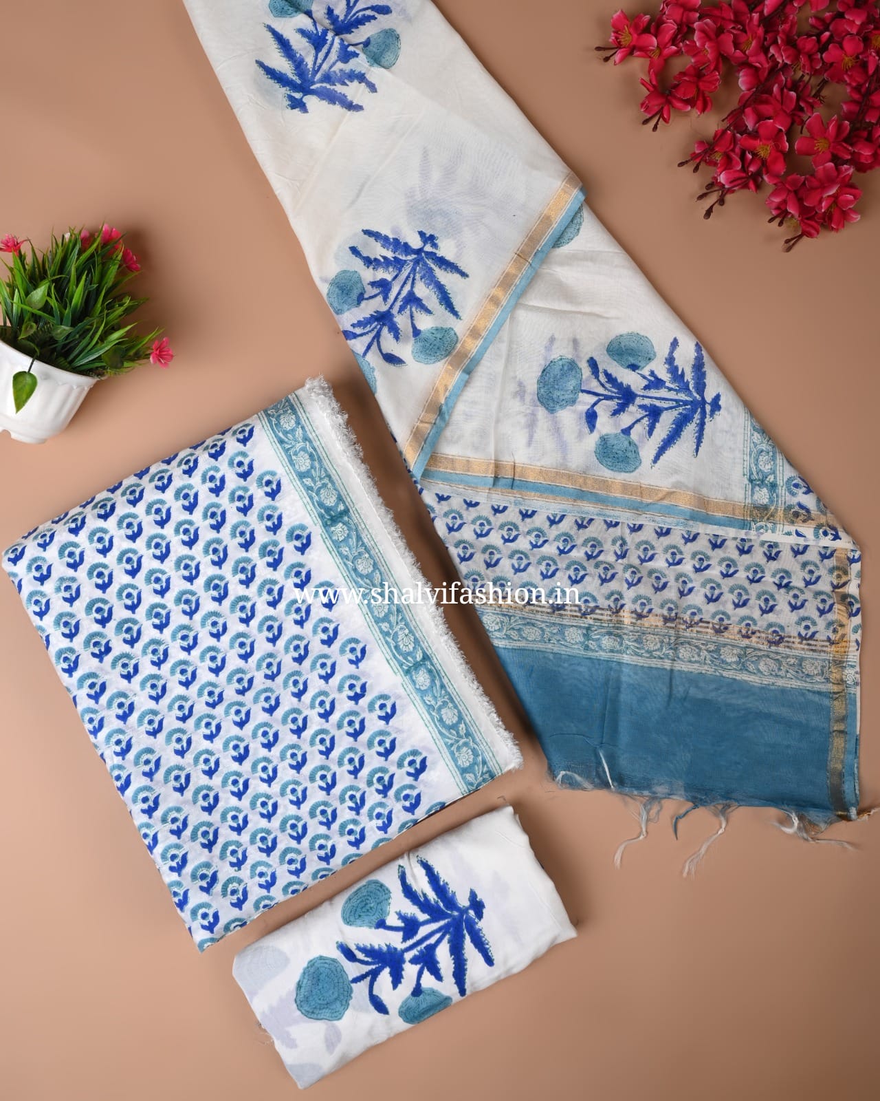 Shop unstitched block print chanderi jacquard silk suits (CHA142)