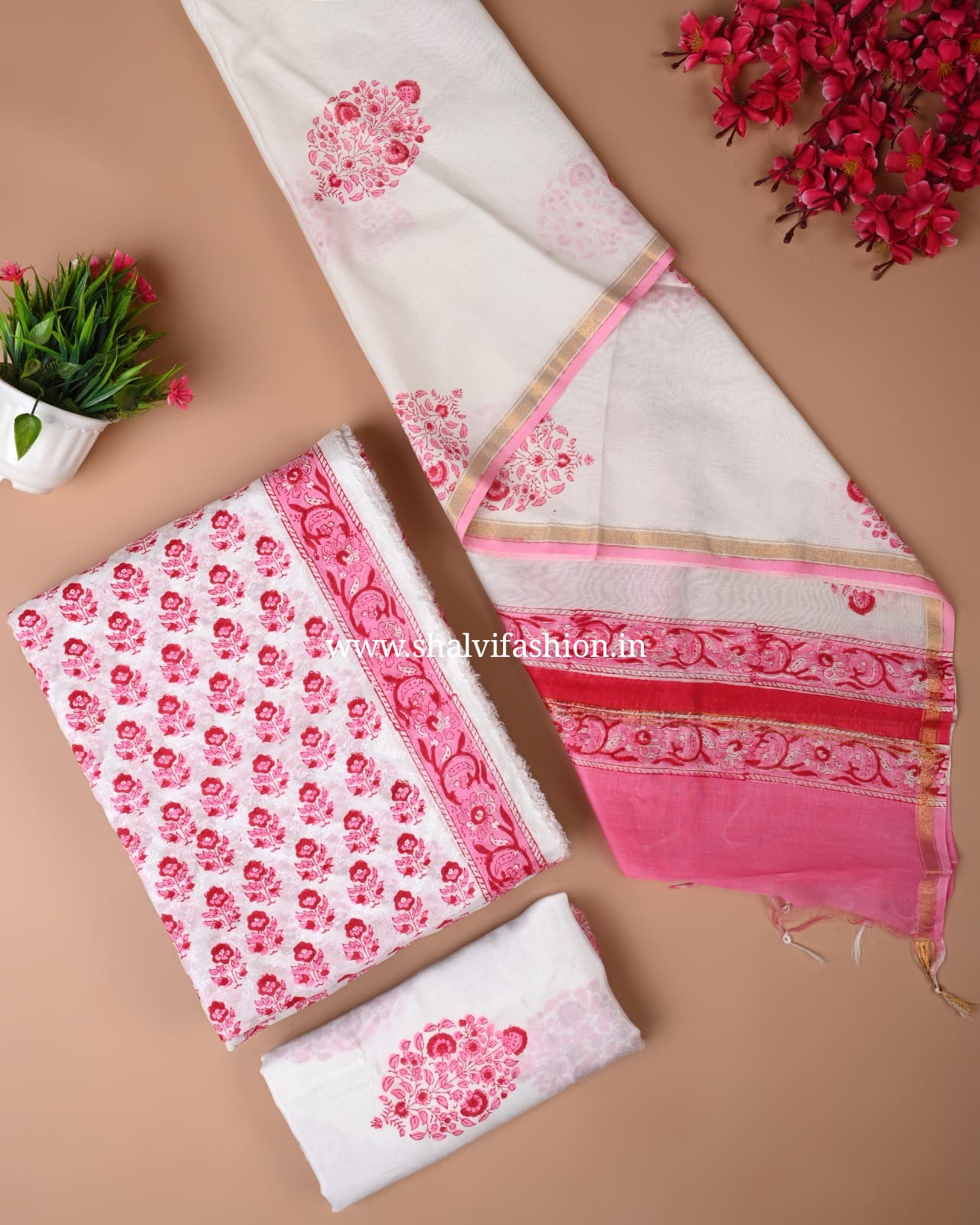 Shop hand block printed chanderi jacquard silk suits (CHA50)