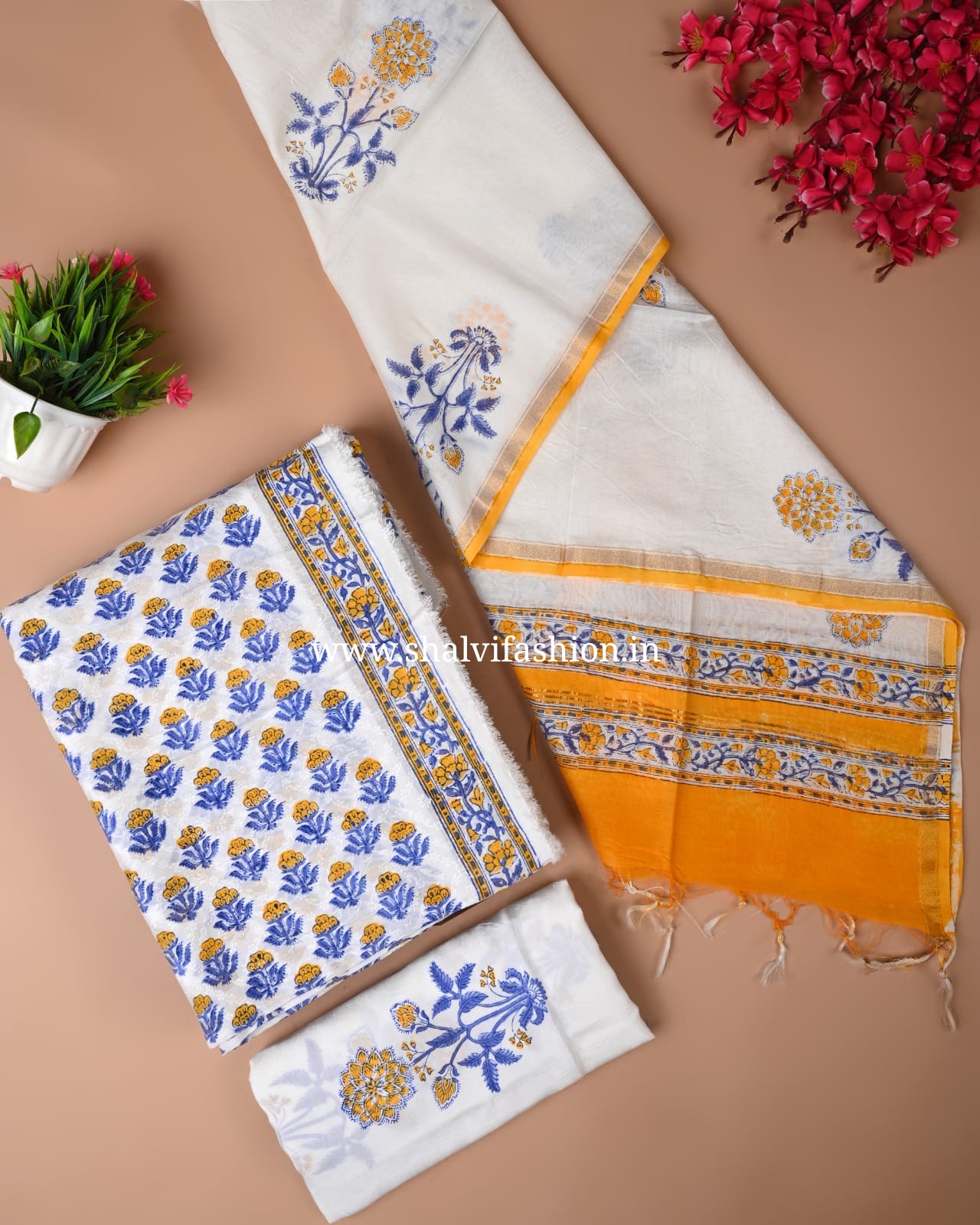 Shop block printed chanderi jacquard silk suits (CHA154)