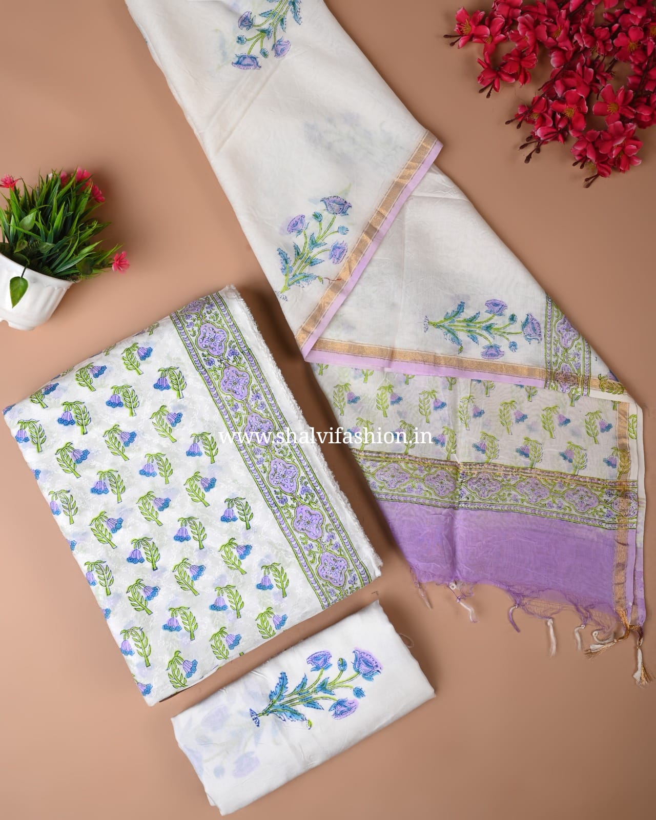Shop hand block printed chanderi jacquard suits (CHA156)
