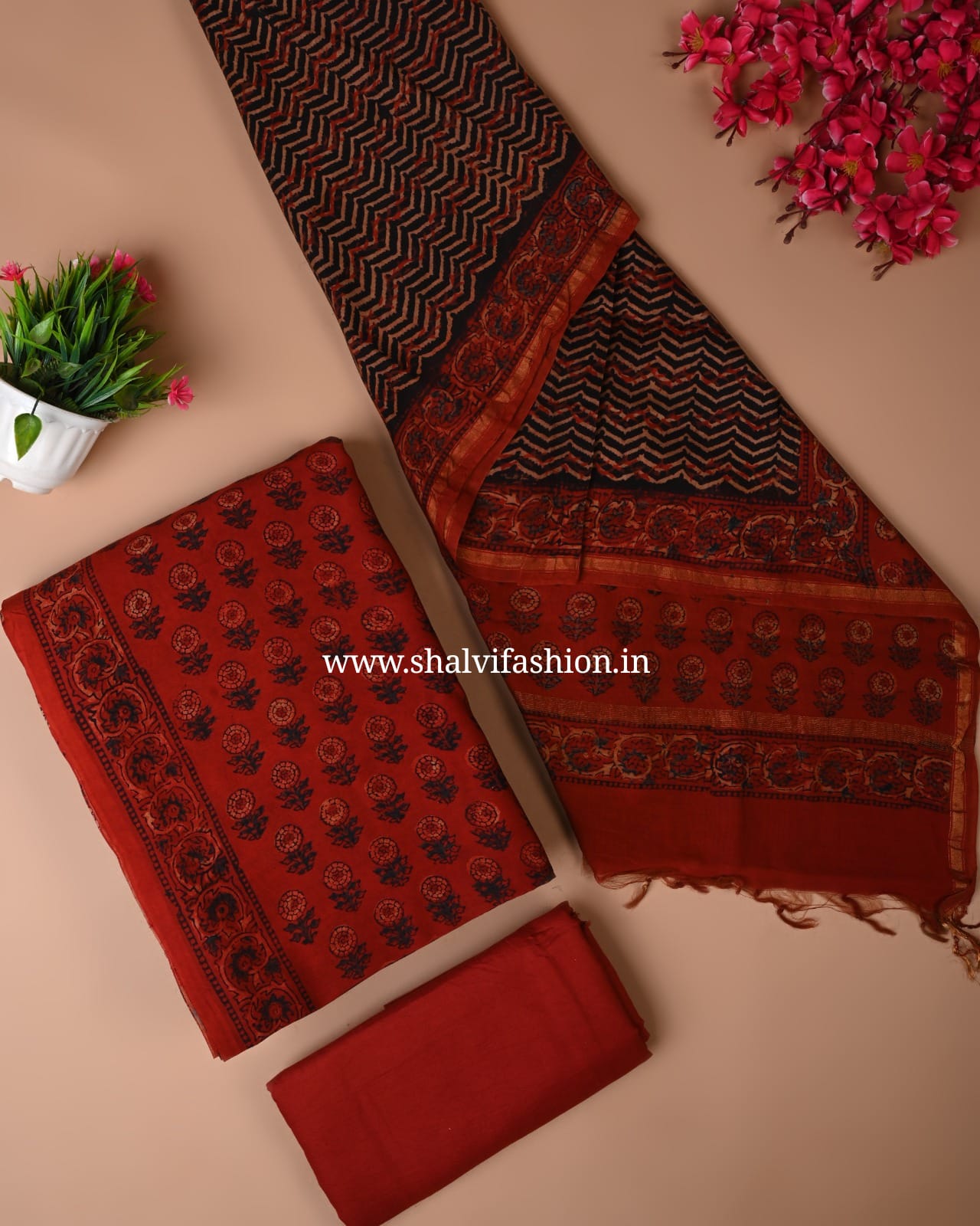 Shop unstitched ajrak print chanderi silk suits (CHA163)