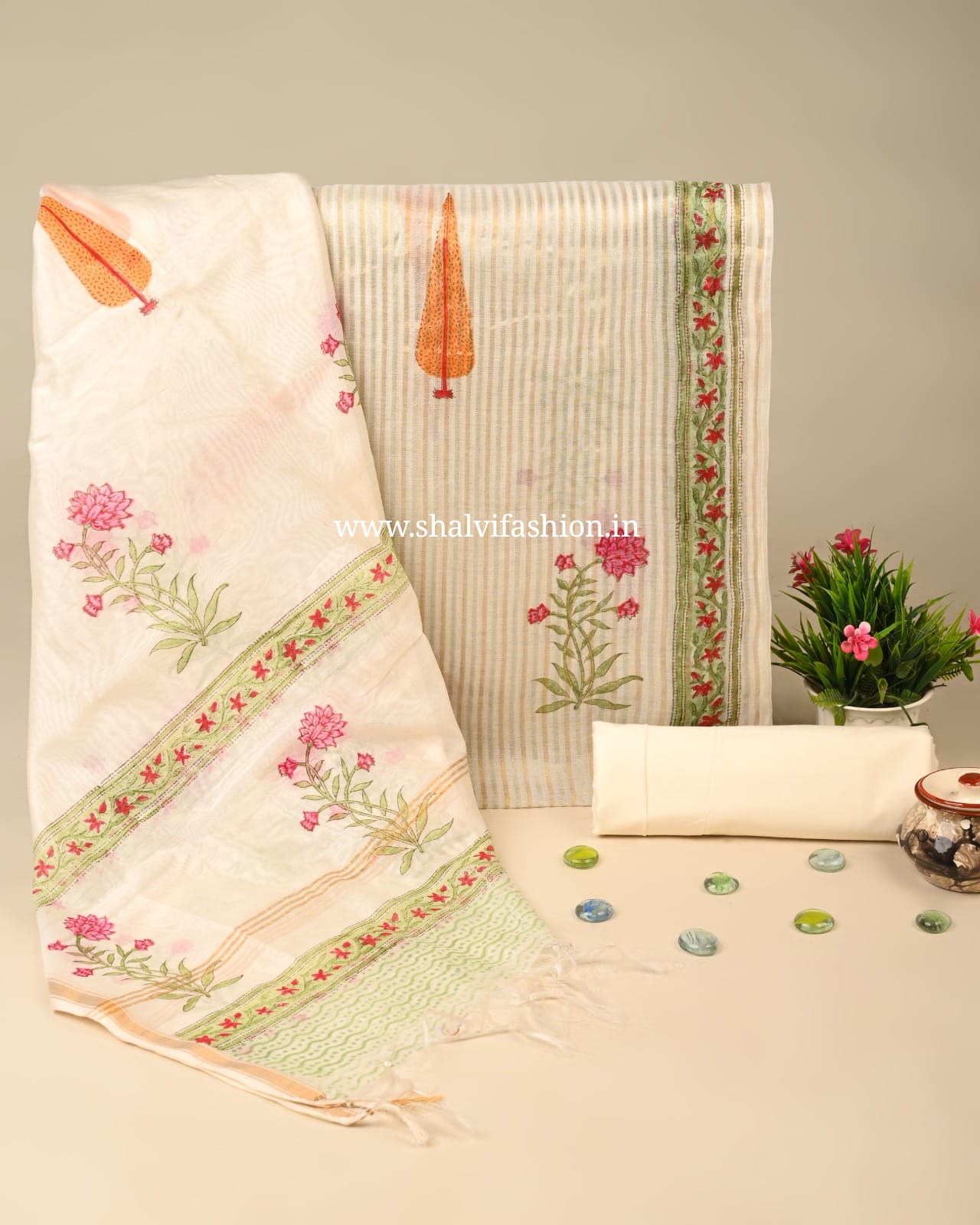 Shop unstitched hand block print chanderi silk suits (CHA181)