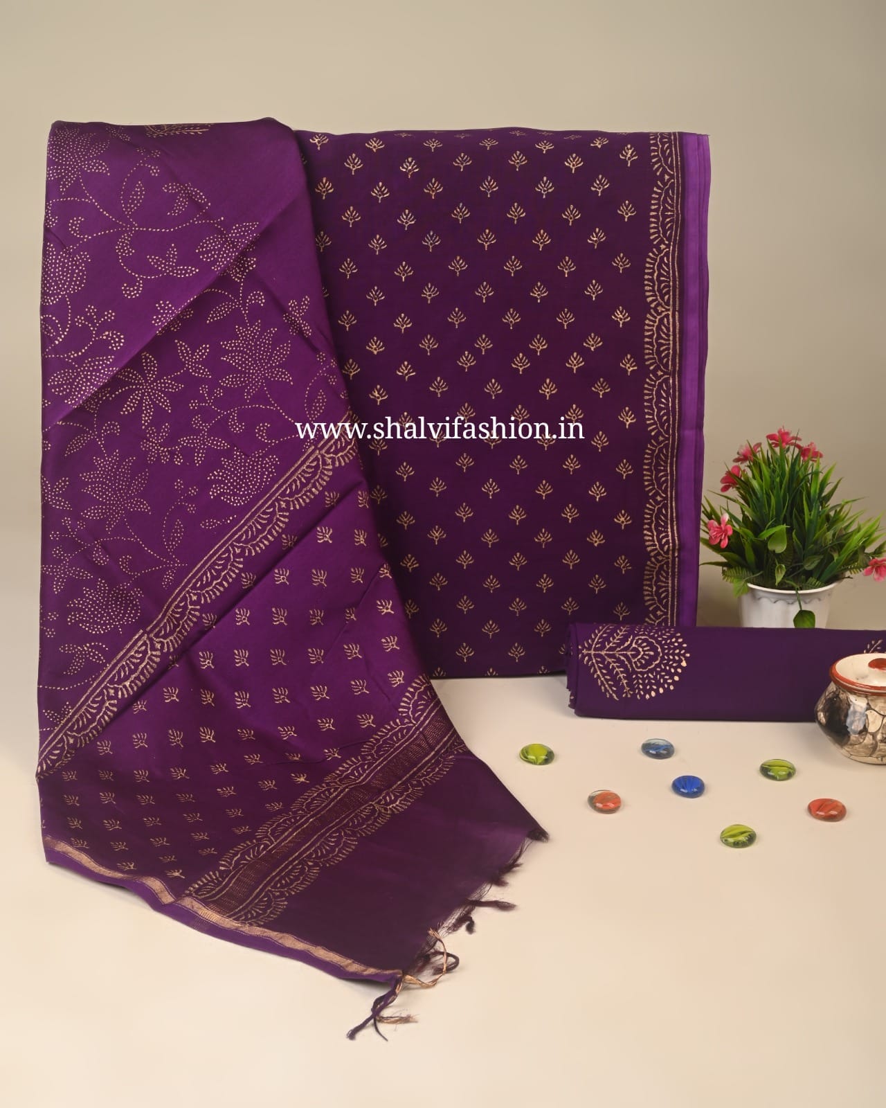 Shop hand block print chanderi silk suits online (CHA257)
