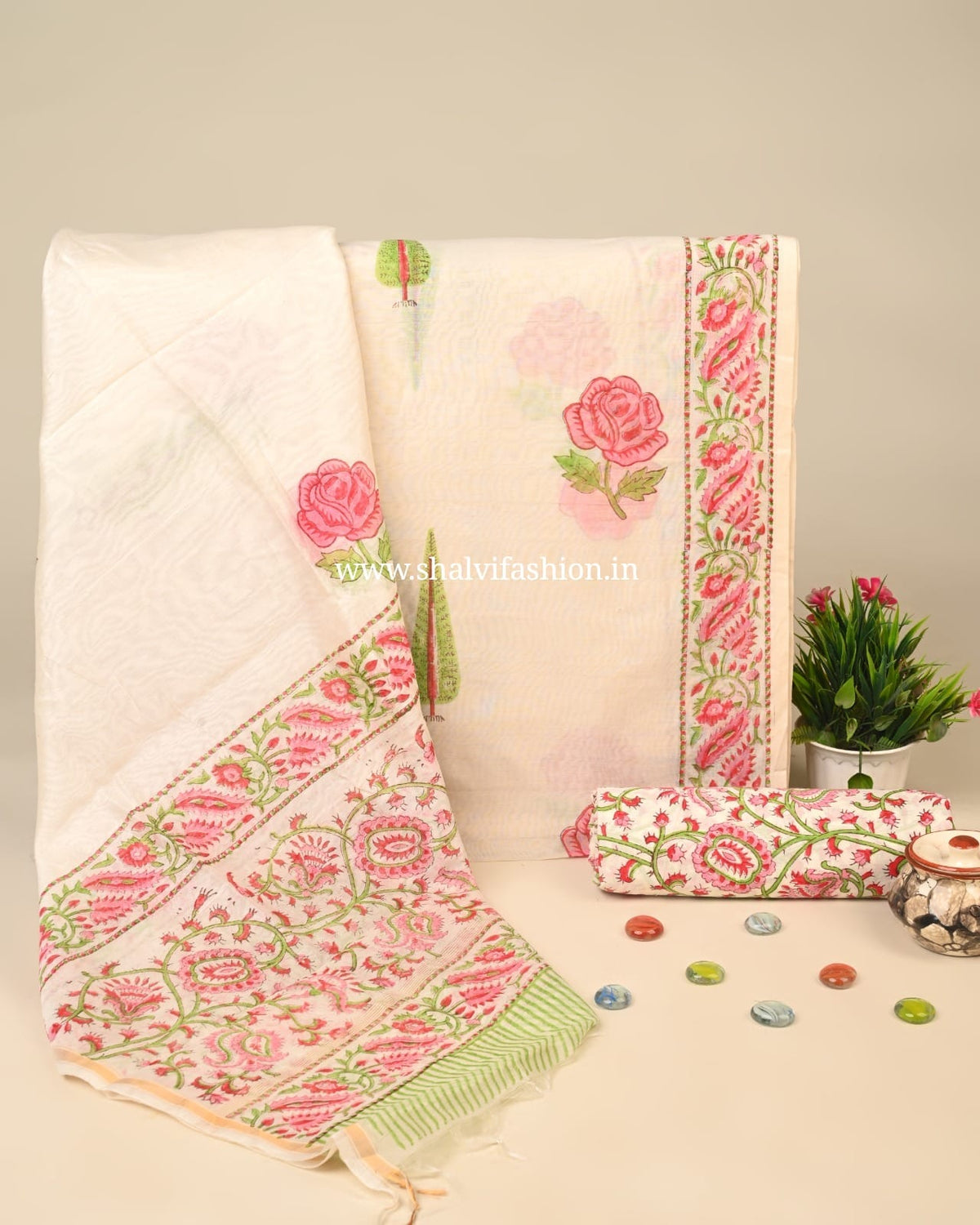 Shop block printed chanderi silk suits in jaipur (CHA265)