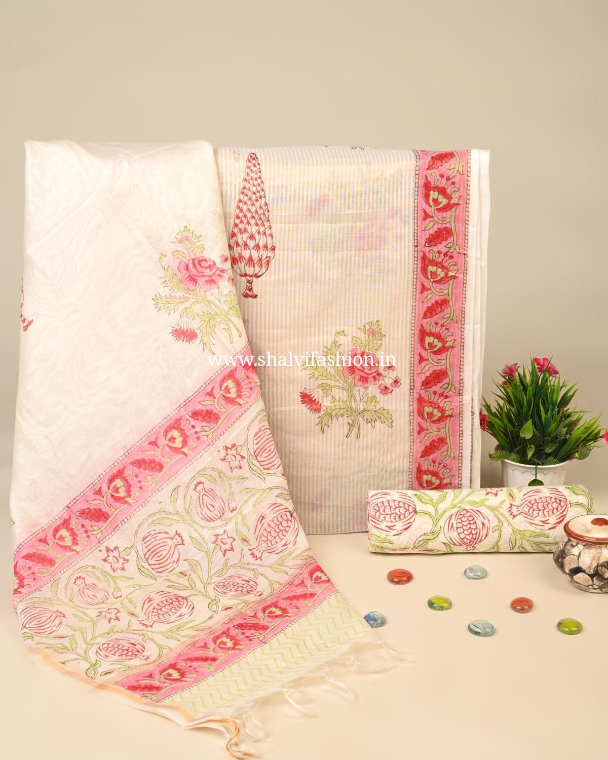 Shop hand block print mul chanderi silk suits (CHA270)