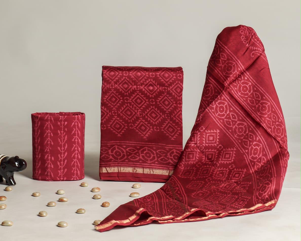 Shop unstitched block printed chanderi silk suits (CHA275)