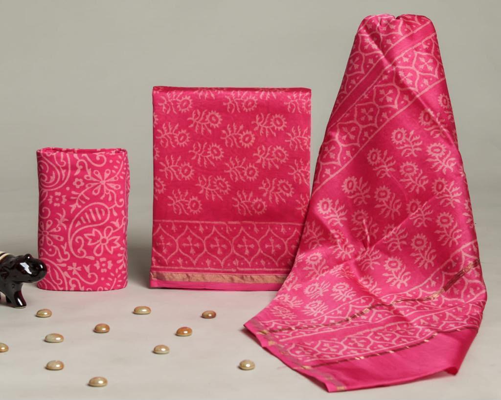 Shop unstitched hand block print chanderi silk suit sets (CHA280)
