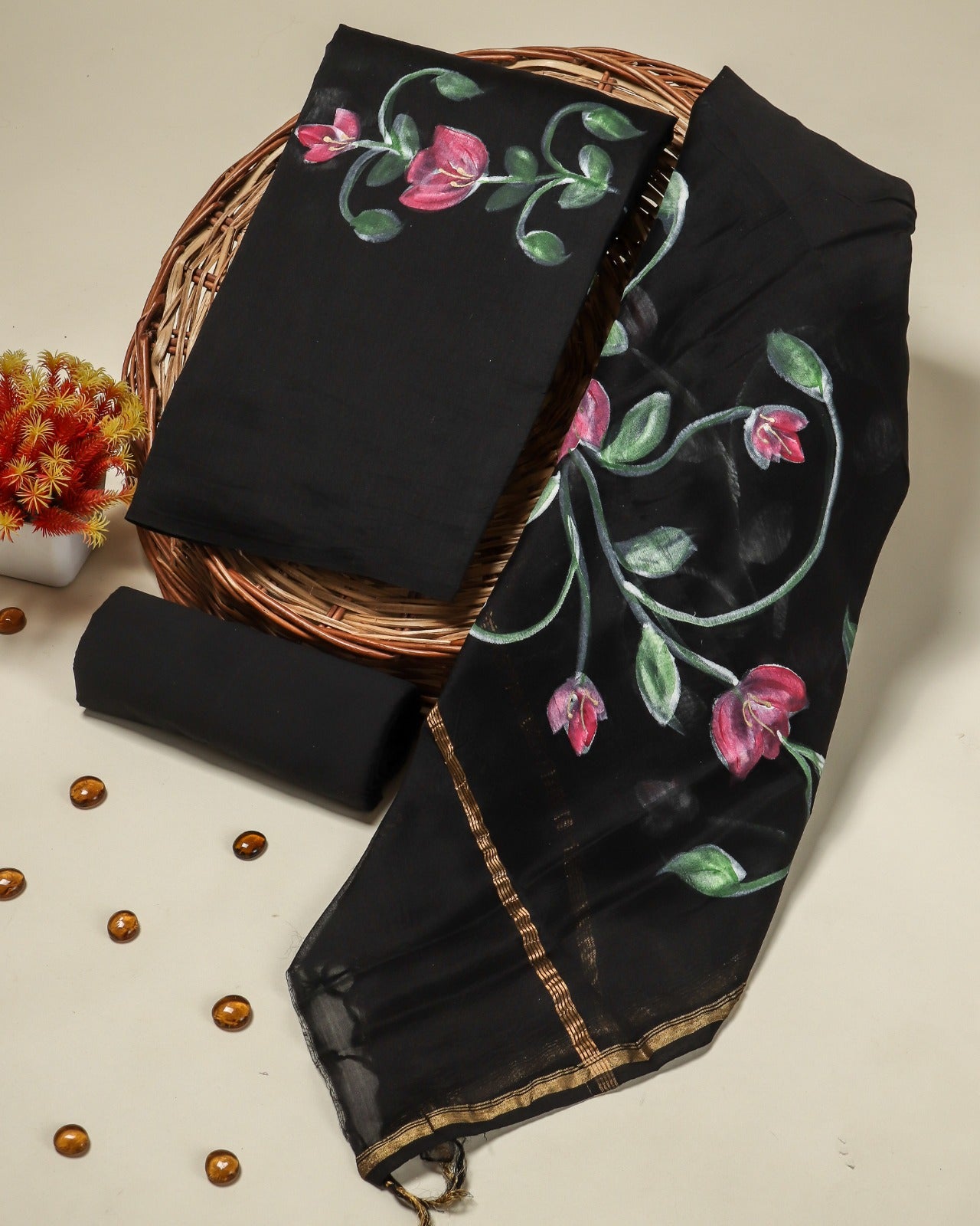 Shop black hand painted chanderi silk suits in jaipur (CHA316)