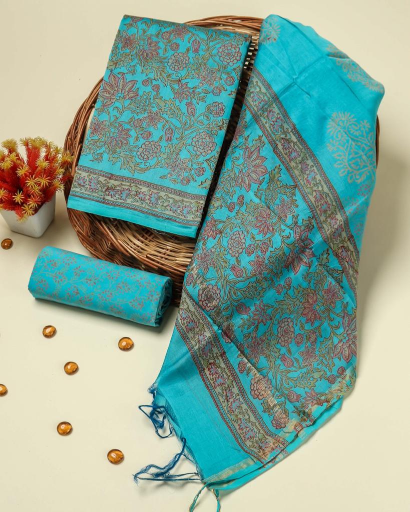 Shop blue block printed chanderi silk suits in jaipur (CHA340)