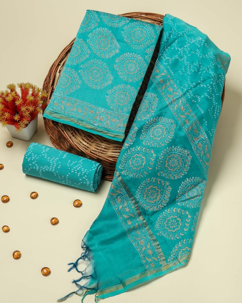 Shop blue hand block print chanderi silk suits online (CHA343)