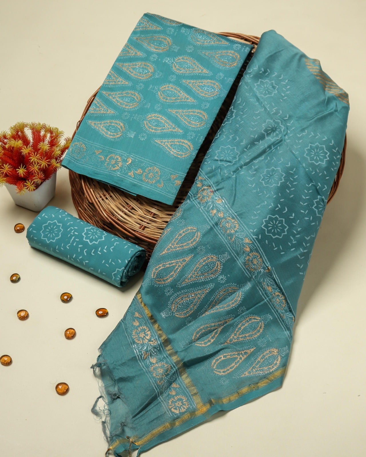 Shop unstitched block print chanderi silk suits (CHA364)