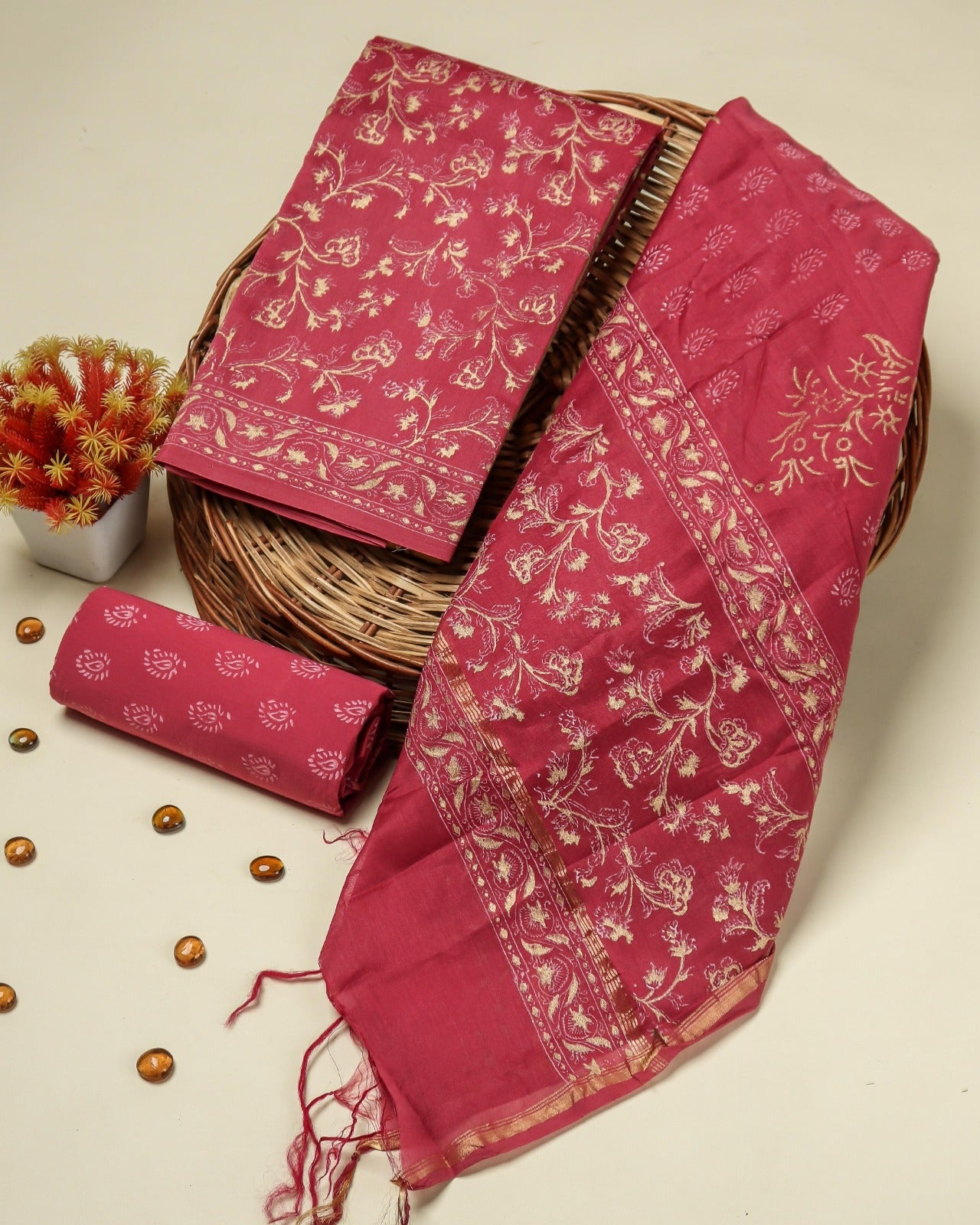 Shop unstitched red hand block print chanderi silk suits (CHA367)