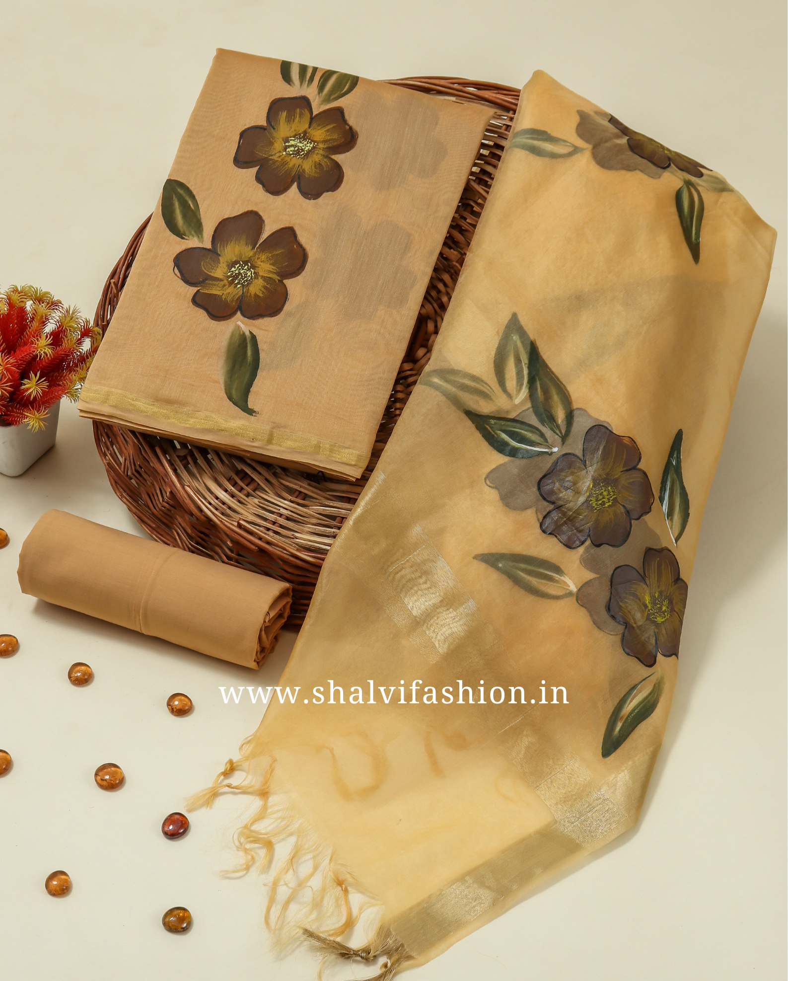 Shop hand painted chanderi silk suits with organza dupatta (CHA383)