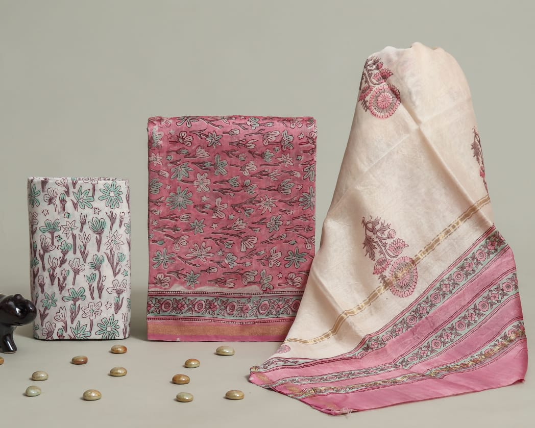 Shop unstitched hand block print chanderi silk suits online (CHA387)