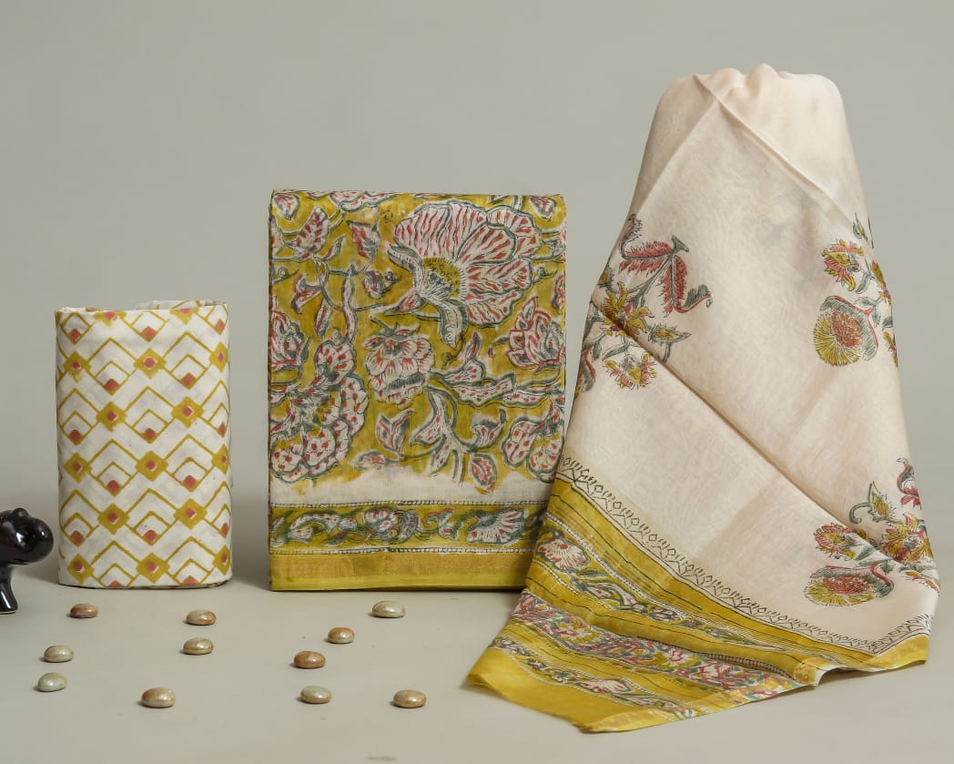 Shop block printed pure chanderi silk suits online shopping (CHA388)