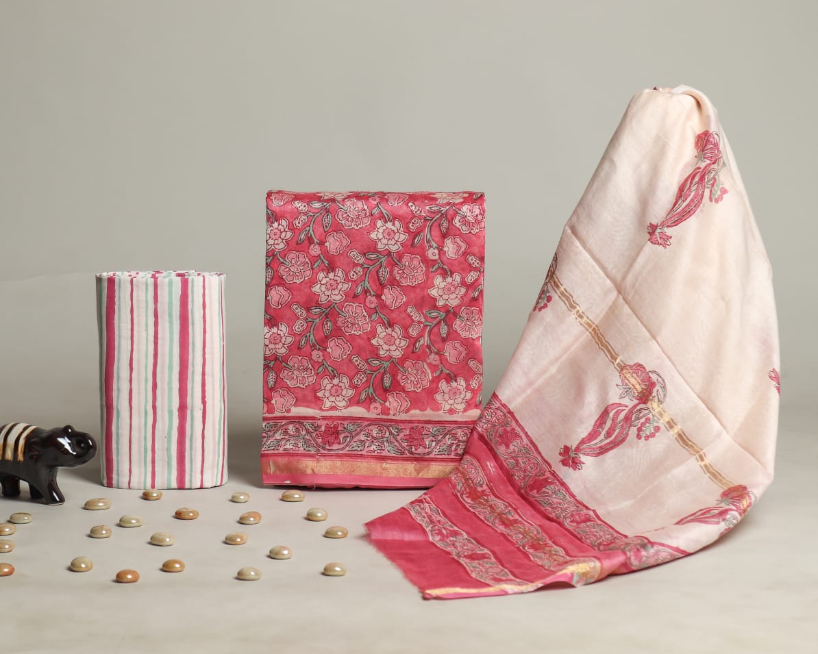 Shop Unstitched Hand Block Print Chanderi Silk Suit sets (CHA395)