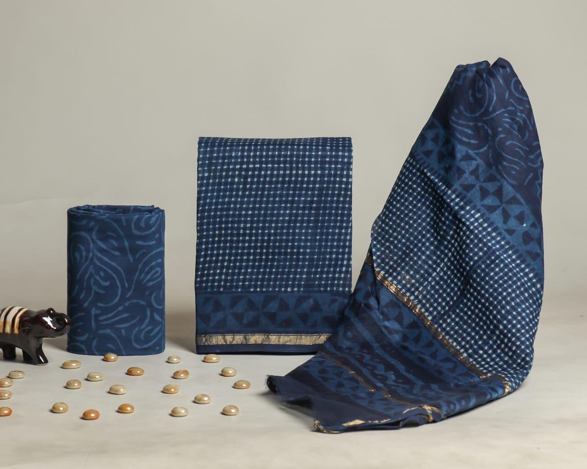 Shop Unstitched Hand Block Print Chanderi Silk Suit sets (CHA441)