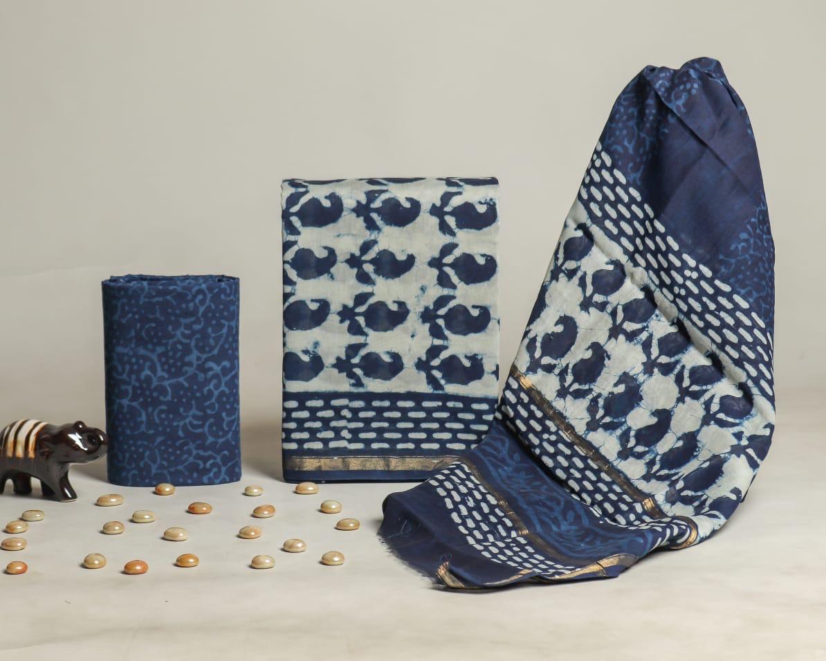 Shop Unstitched Indigo Print Chanderi Silk Suit sets (CHA449)