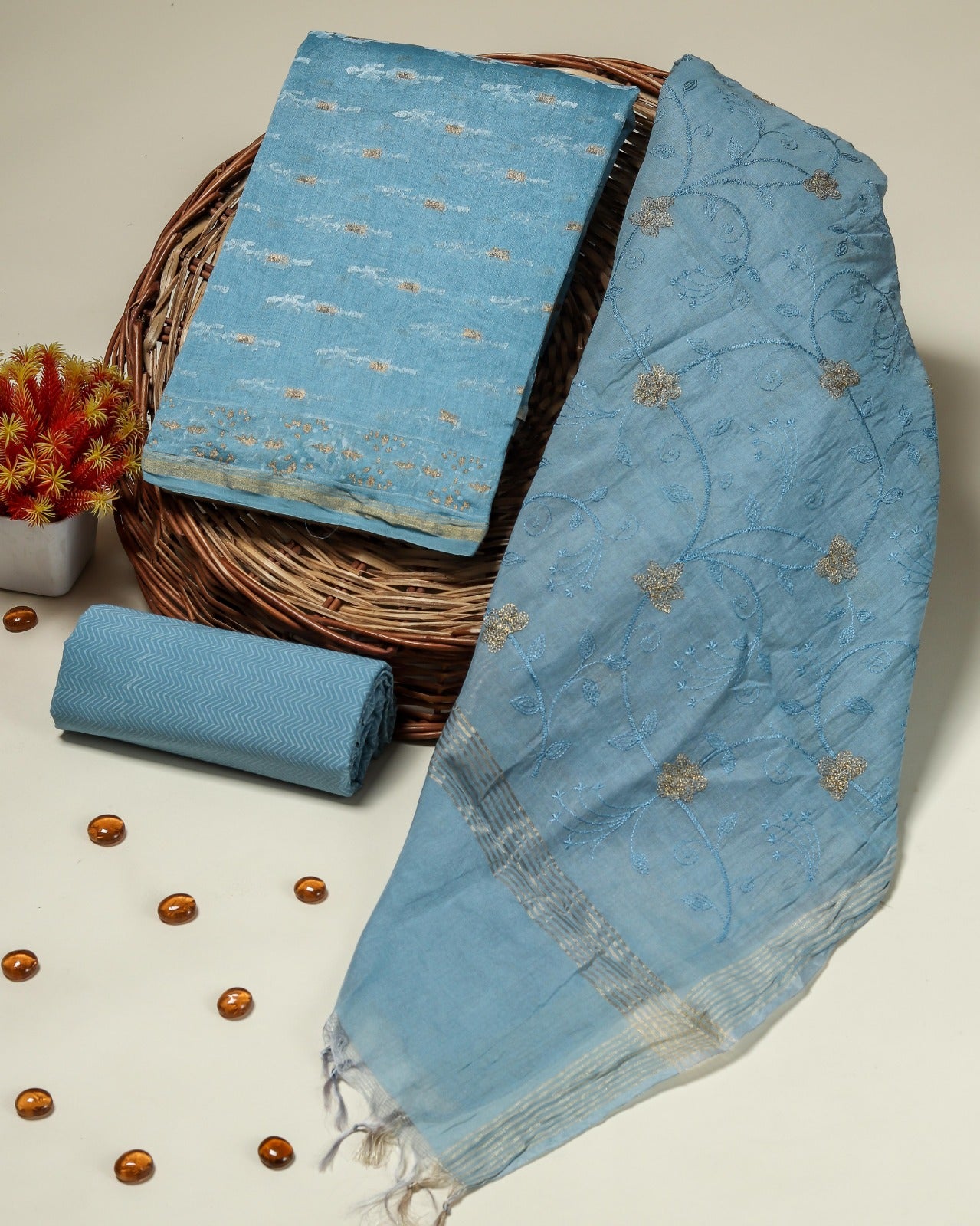 Shop block print chanderi silk suits with viscose dupatta online shopping (CHA791)