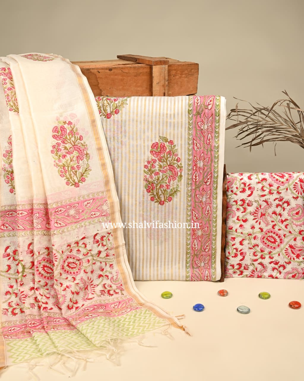 Shop block print mulmul chanderi silk suits (CHA843)