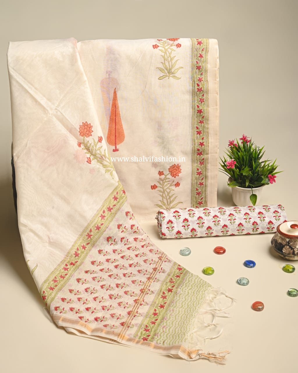 Shop block print chanderi silk suits online (CHA891)