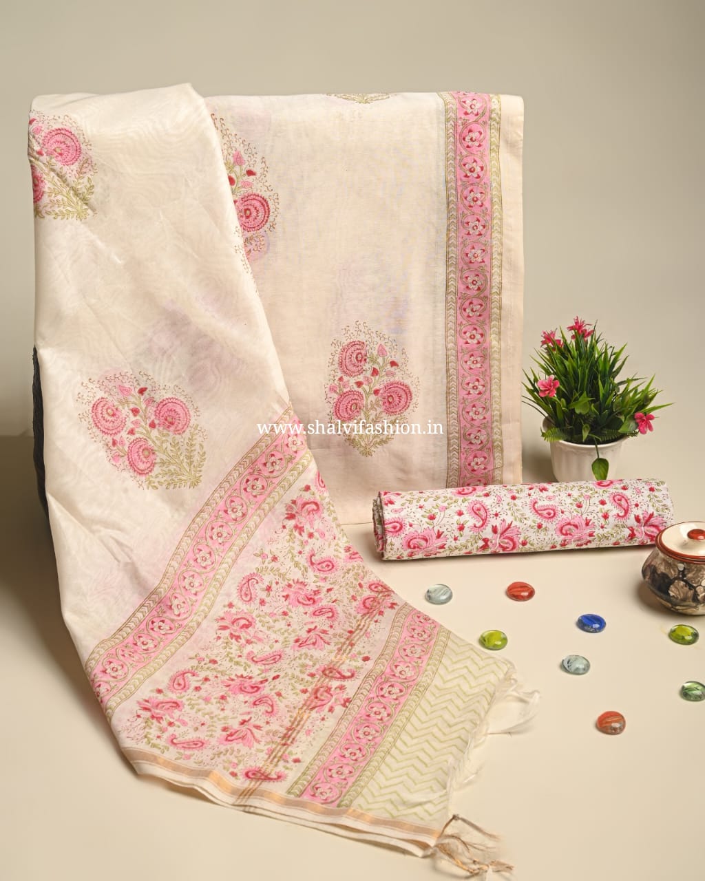 Shop unstitched blpck print chanderi suits in jaipur (CHA892)