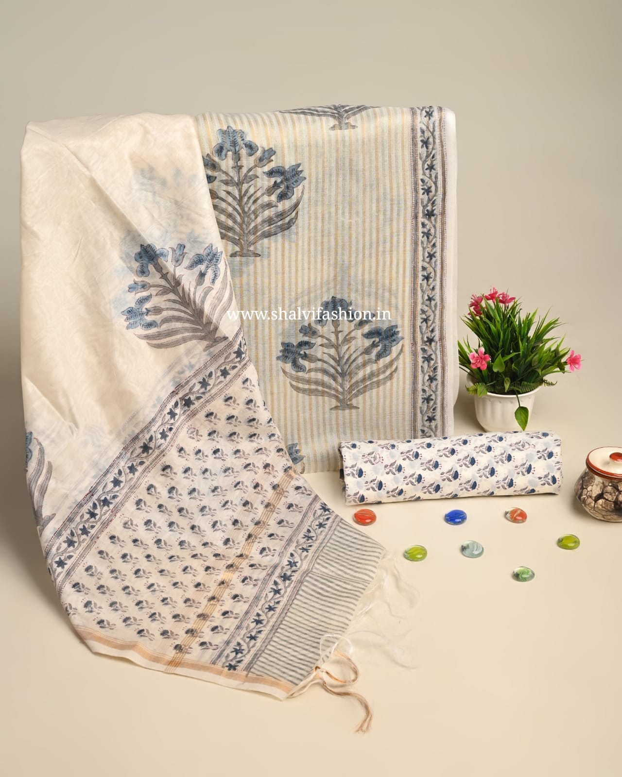 Shop block printed mul chanderi silk suits online (CHA928)