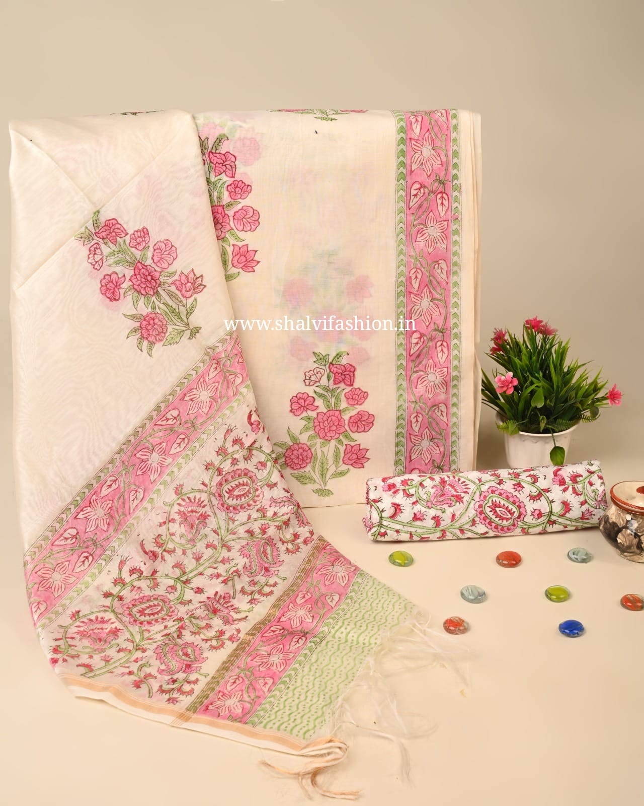 Shop unstitched block print chanderi silk suits in jaipur (CHA941)