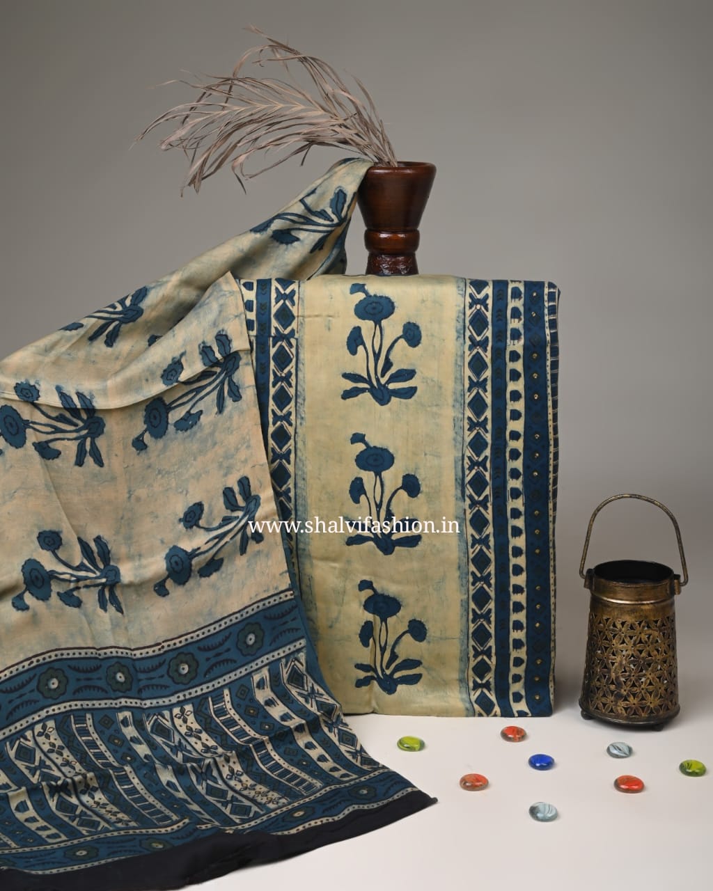 Shop unstitched ajrak print chanderi silk two piece sets online (CHA948)