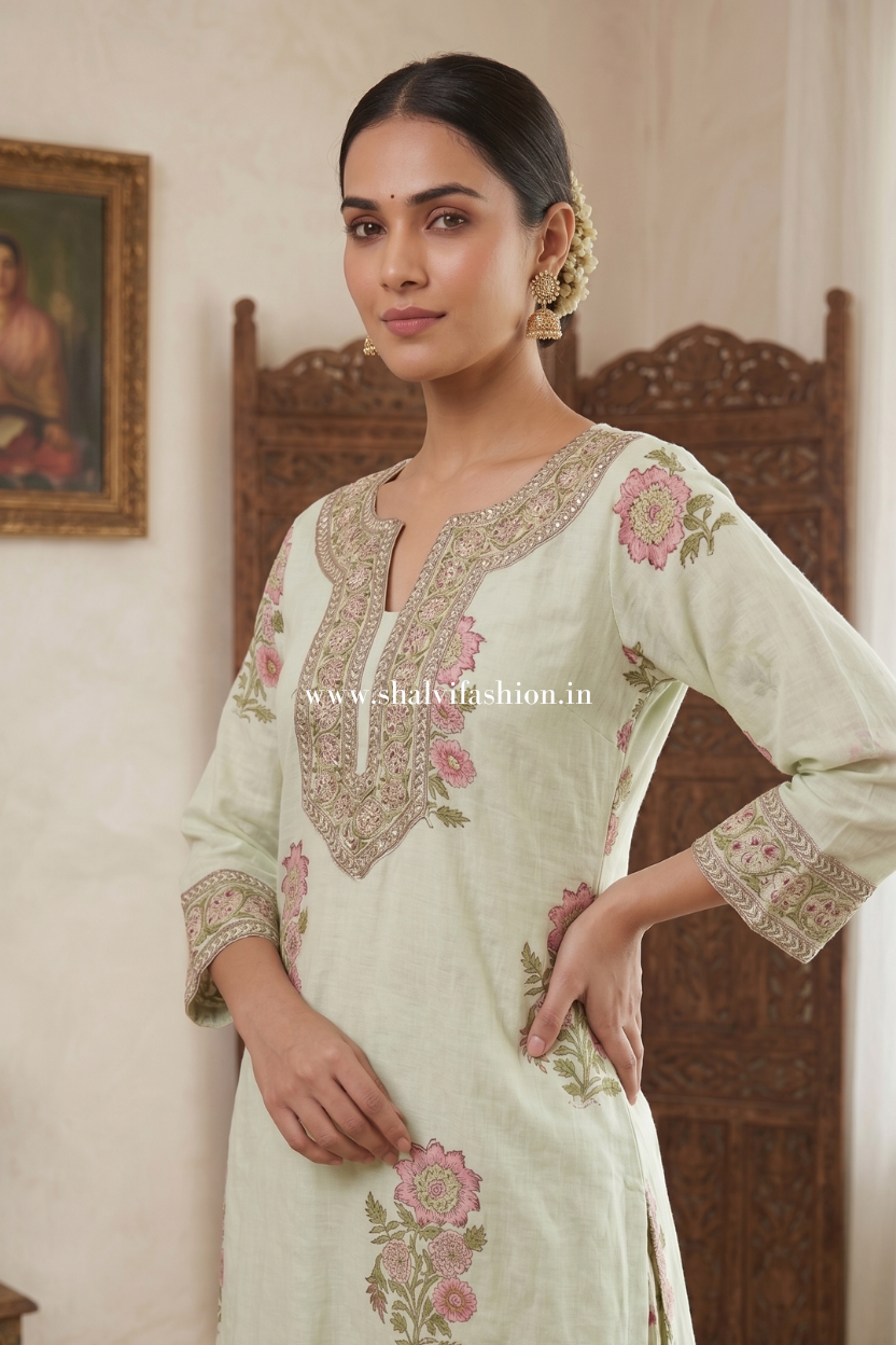 Shop block print muslin jacquard suit with chanderi silk dupatta (CHS30)