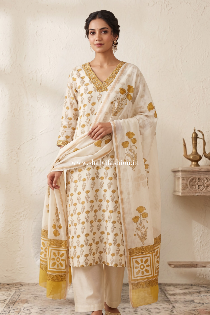 Shop hand block print chanderi silk suit sets online (CHS32)