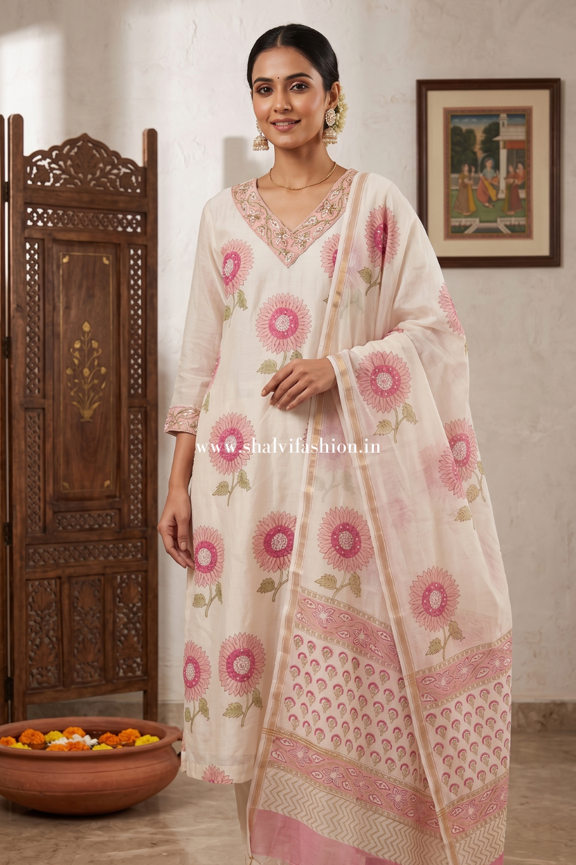 Shop block printed chanderi ready to wear suits online shopping (CHS45)