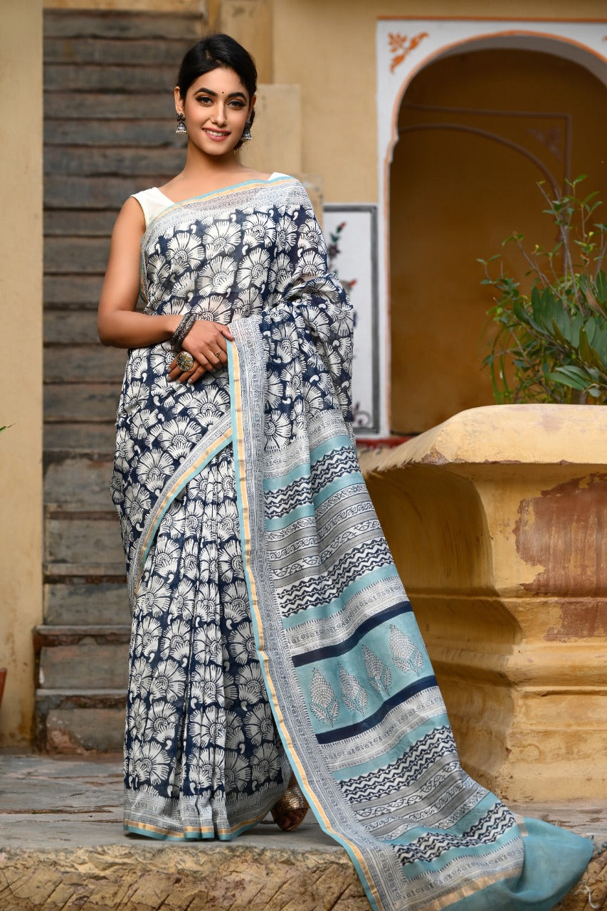 Designer Handblock Print Chanderi Saree (CHSAR01) - ShalviFashion
