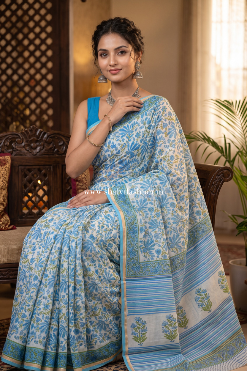 Designer Handblock Print Chanderi Saree (CHSAR07) - ShalviFashion
