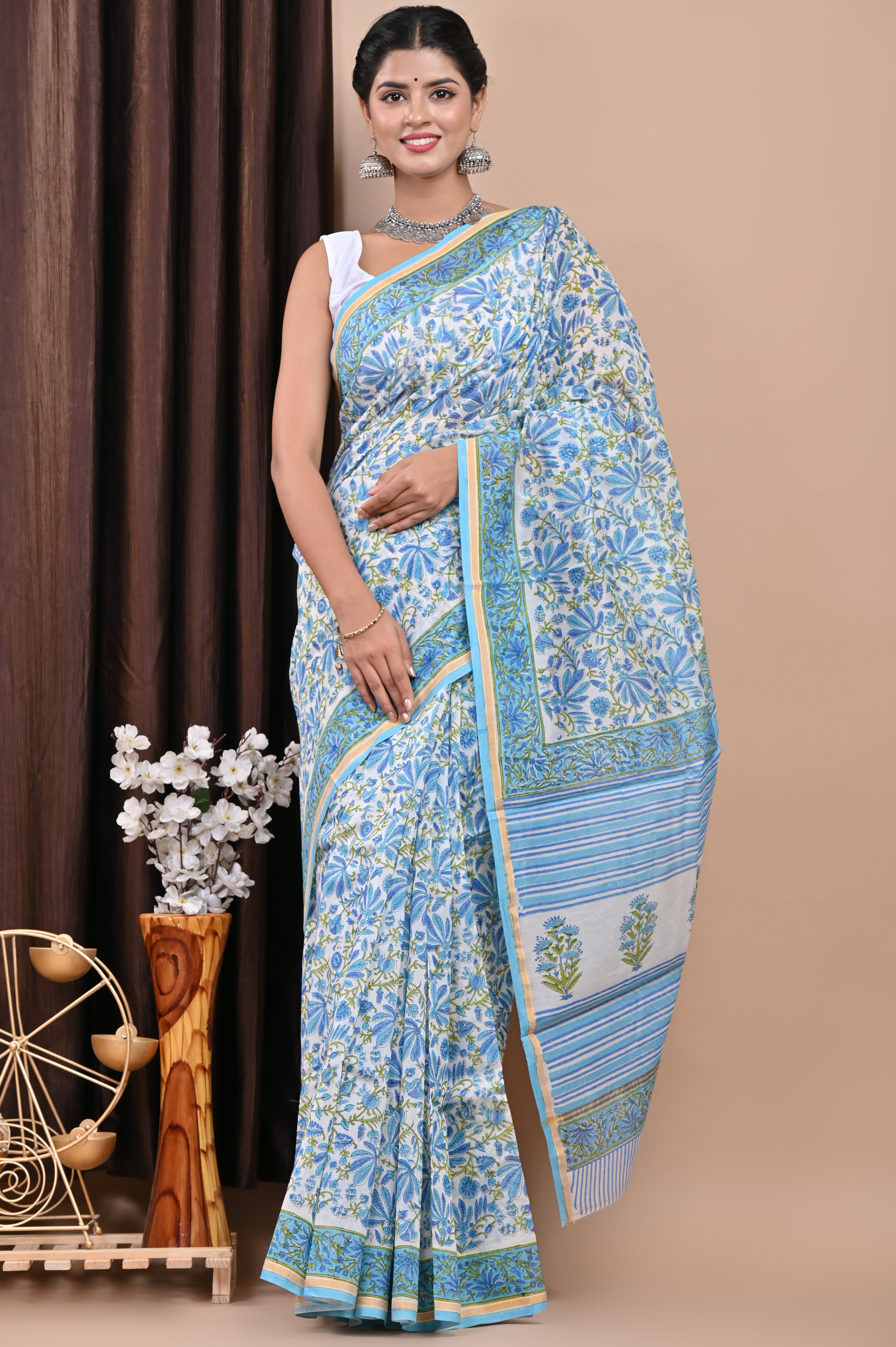 Designer Handblock Print Chanderi Saree (CHSAR07) - ShalviFashion