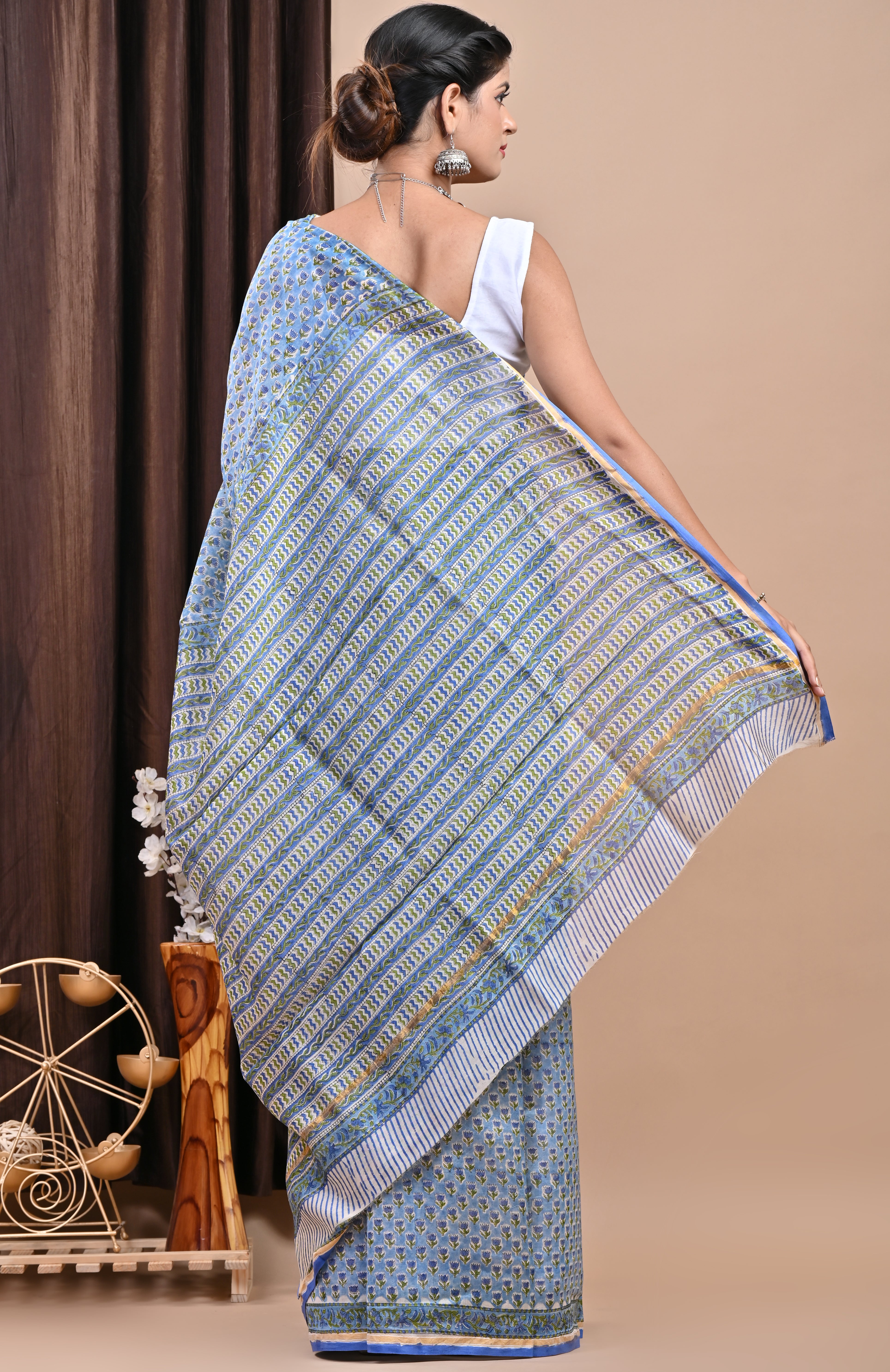 Blue Buti Hand Block Print Chanderi Saree (CHSAR09)