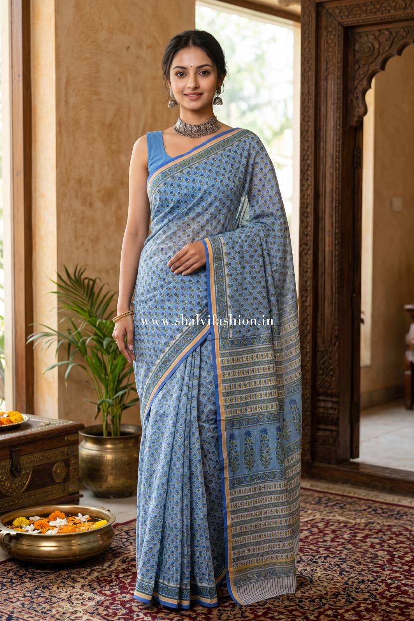 Blue Buti Hand Block Print Chanderi Saree (CHSAR09)