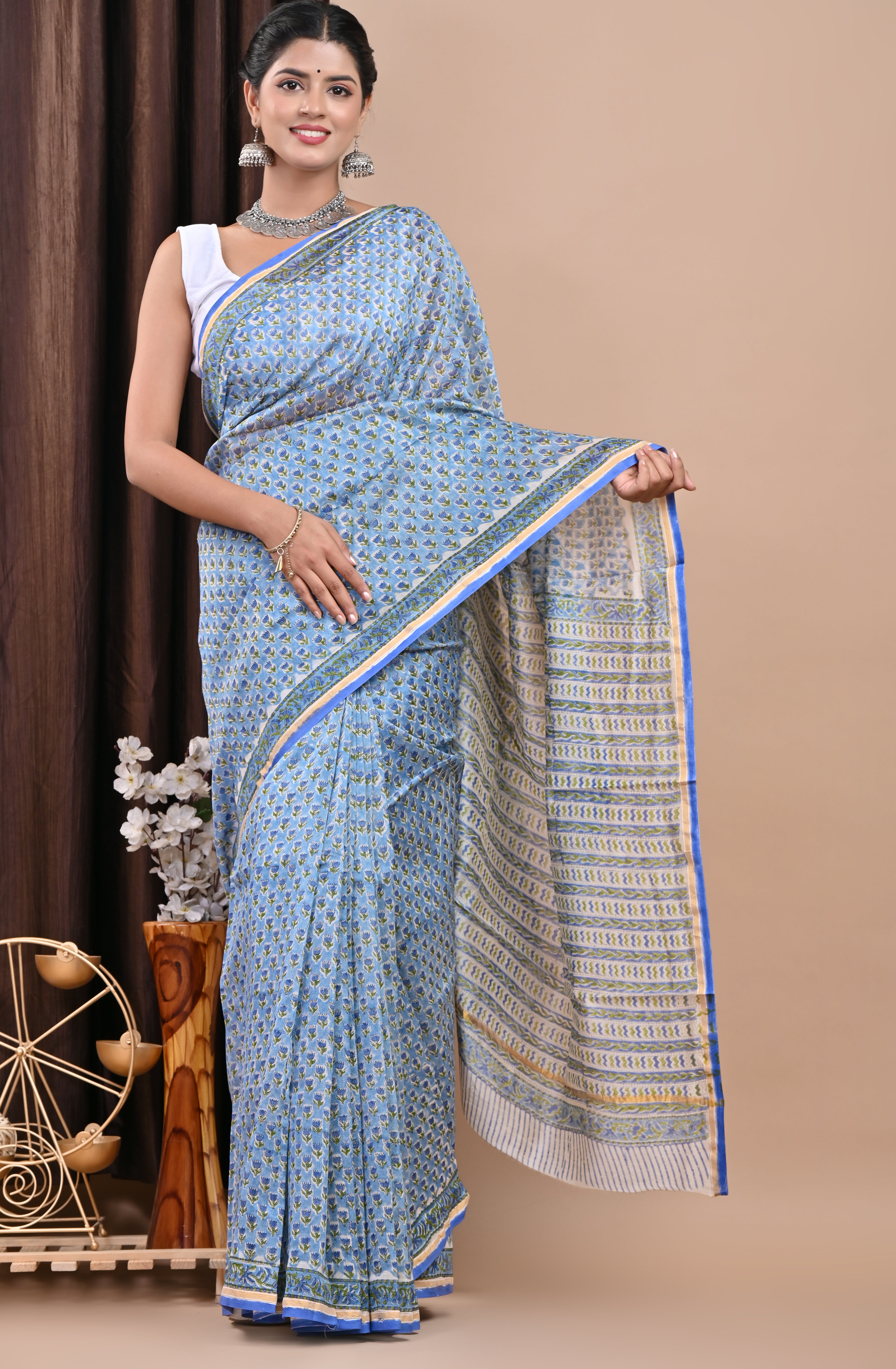 Blue Buti Hand Block Print Chanderi Saree (CHSAR09)