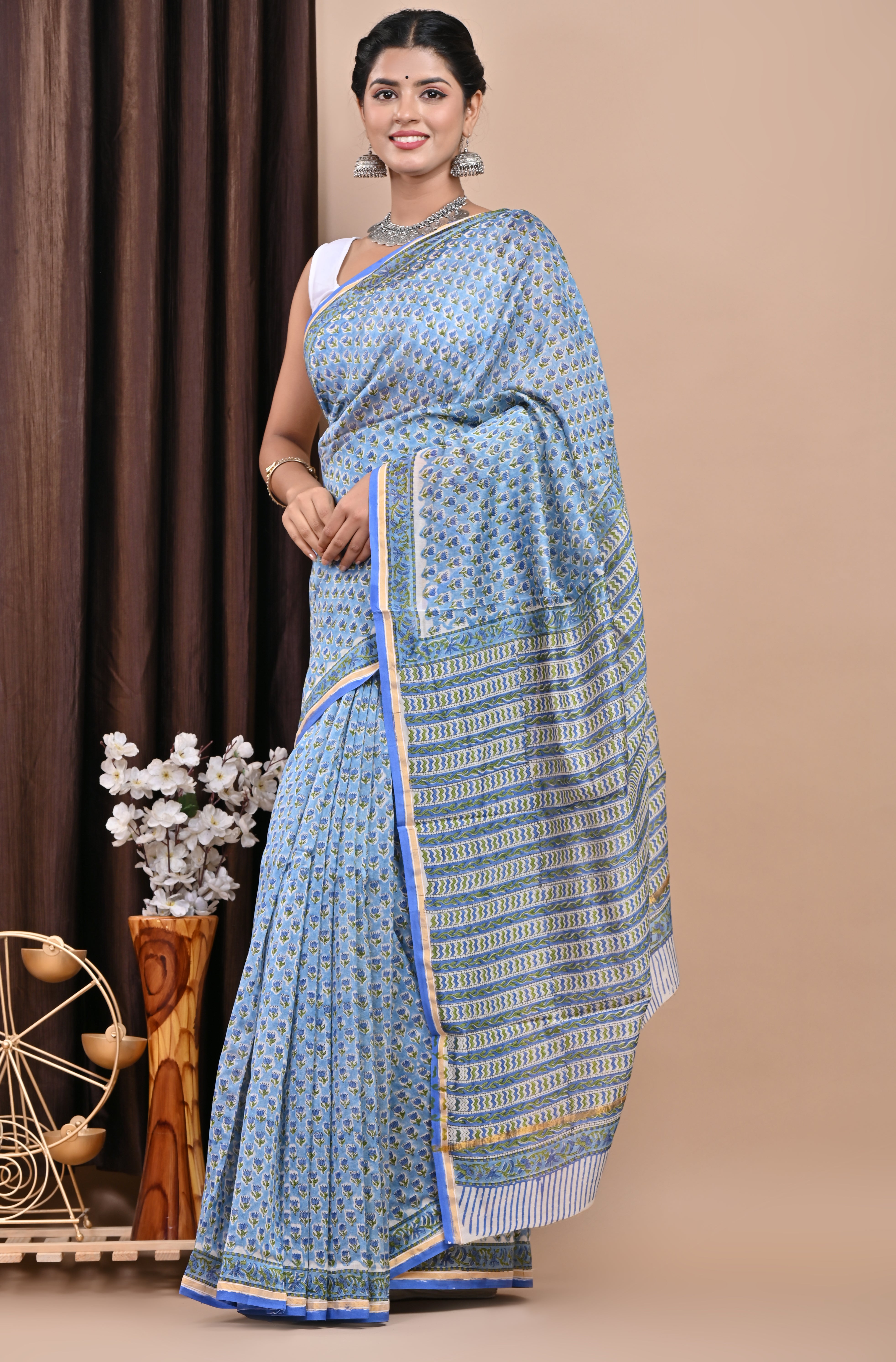 Blue Buti Hand Block Print Chanderi Saree (CHSAR09)