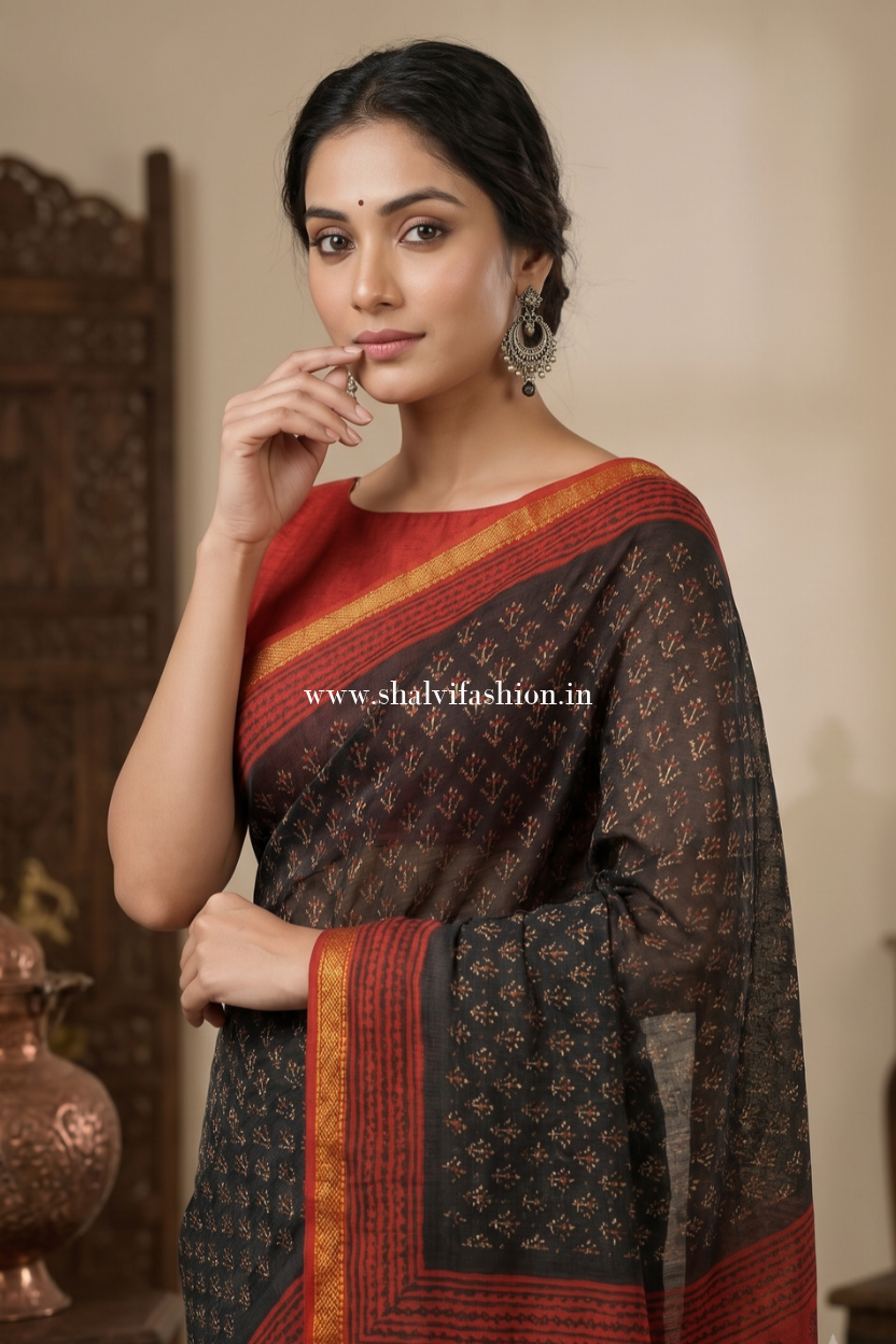 Shop block printed chanderi silk saree in jaipur (CHSAR70)