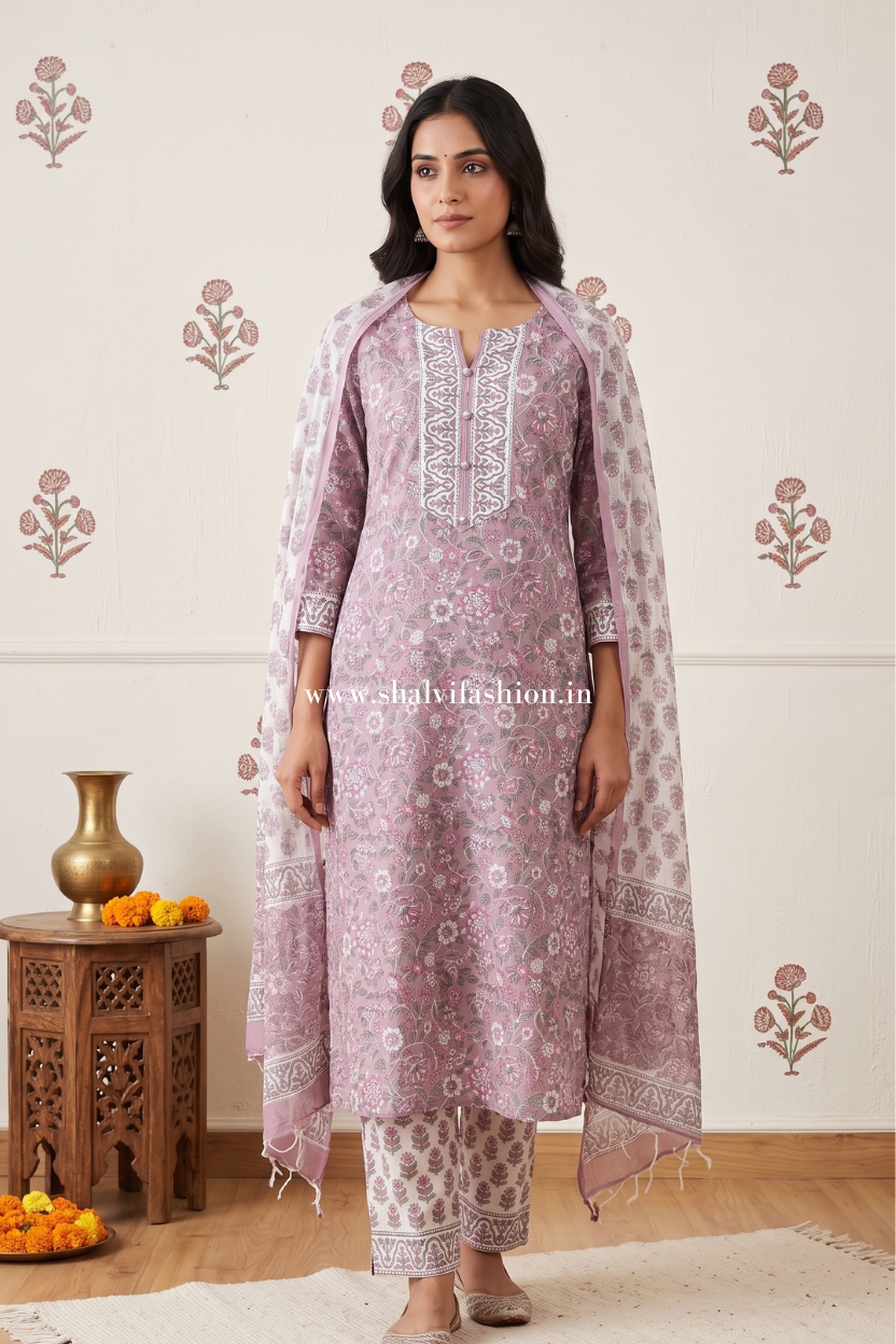 Shop hand block printed kota doria dupatta cotton suits (CKDS06)