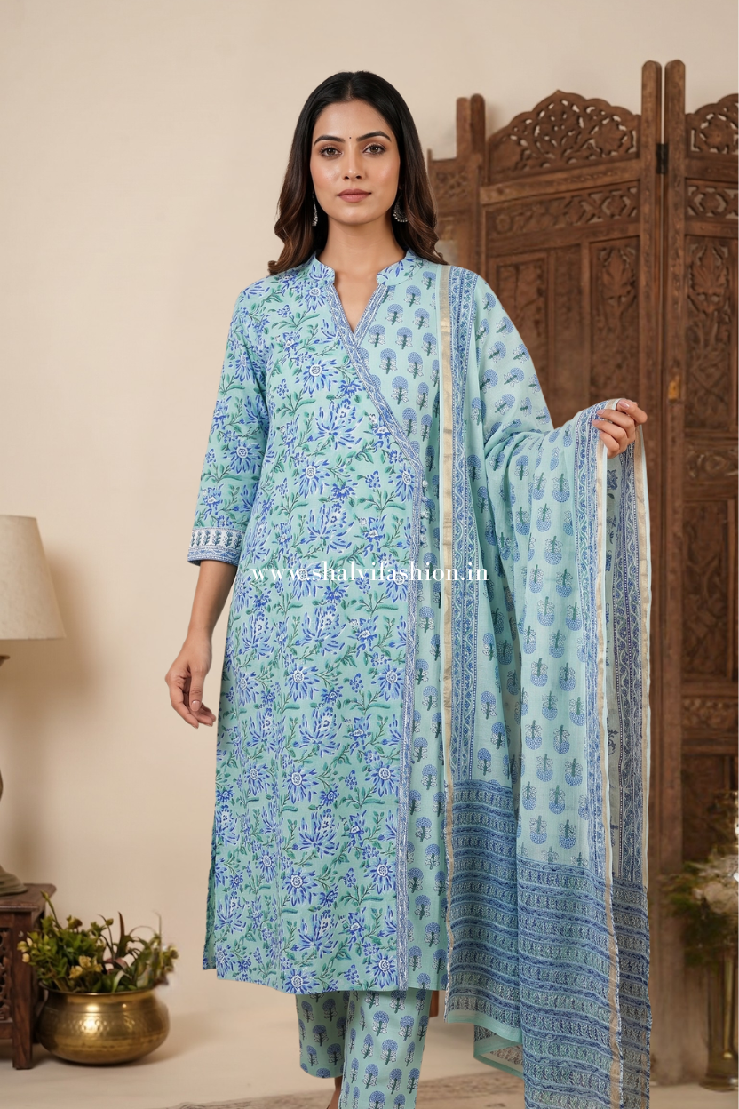 Shop block printed cotton suits with kota dupatta (CKDS09)