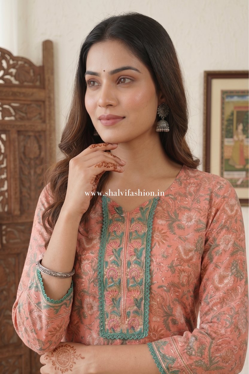 Shop block printed cotton suits with kota doria dupatta online (CKDS21)