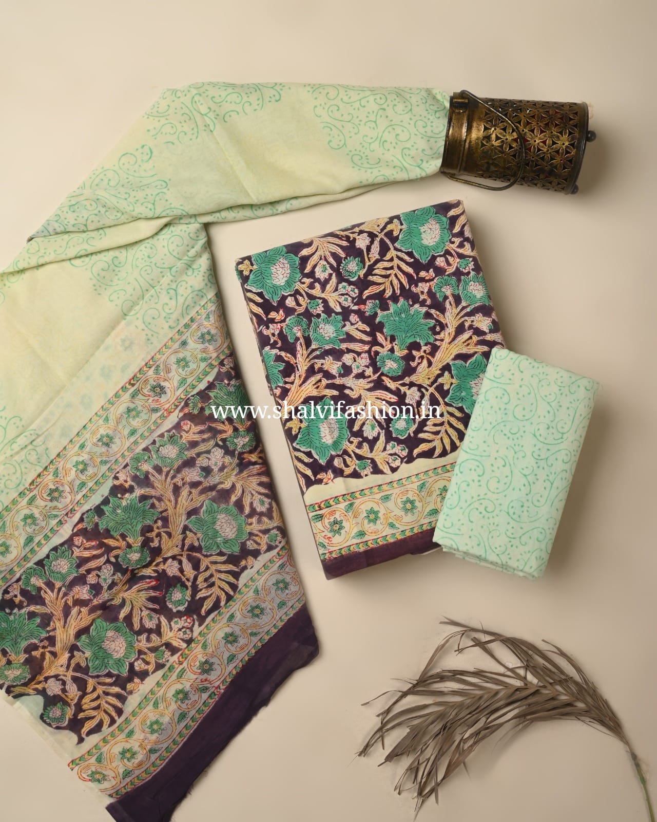Shop block print cotton suits with mulmul dupatta (COT124)