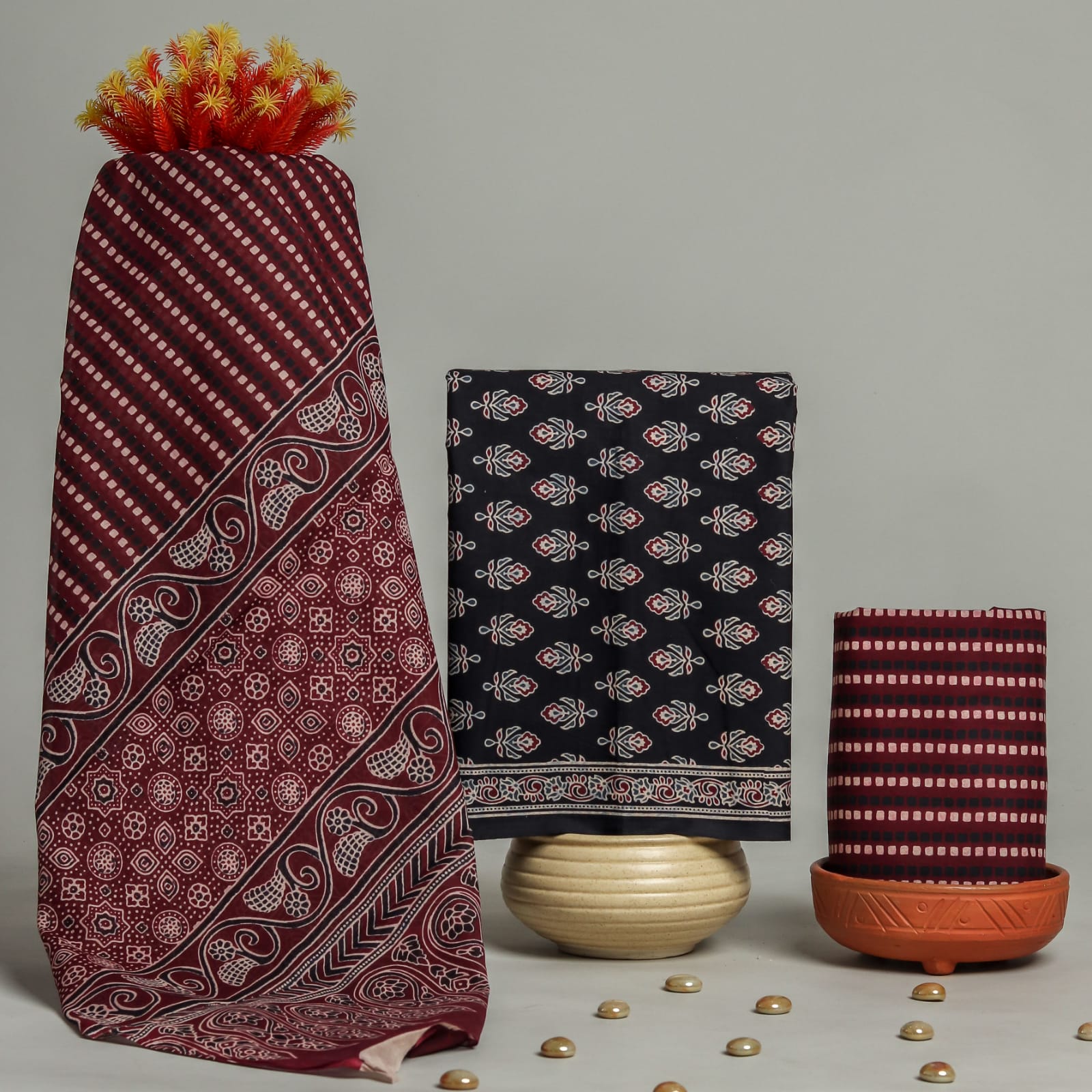 Shop block print cotton suit sets with mulmul dupatta online (COT176)