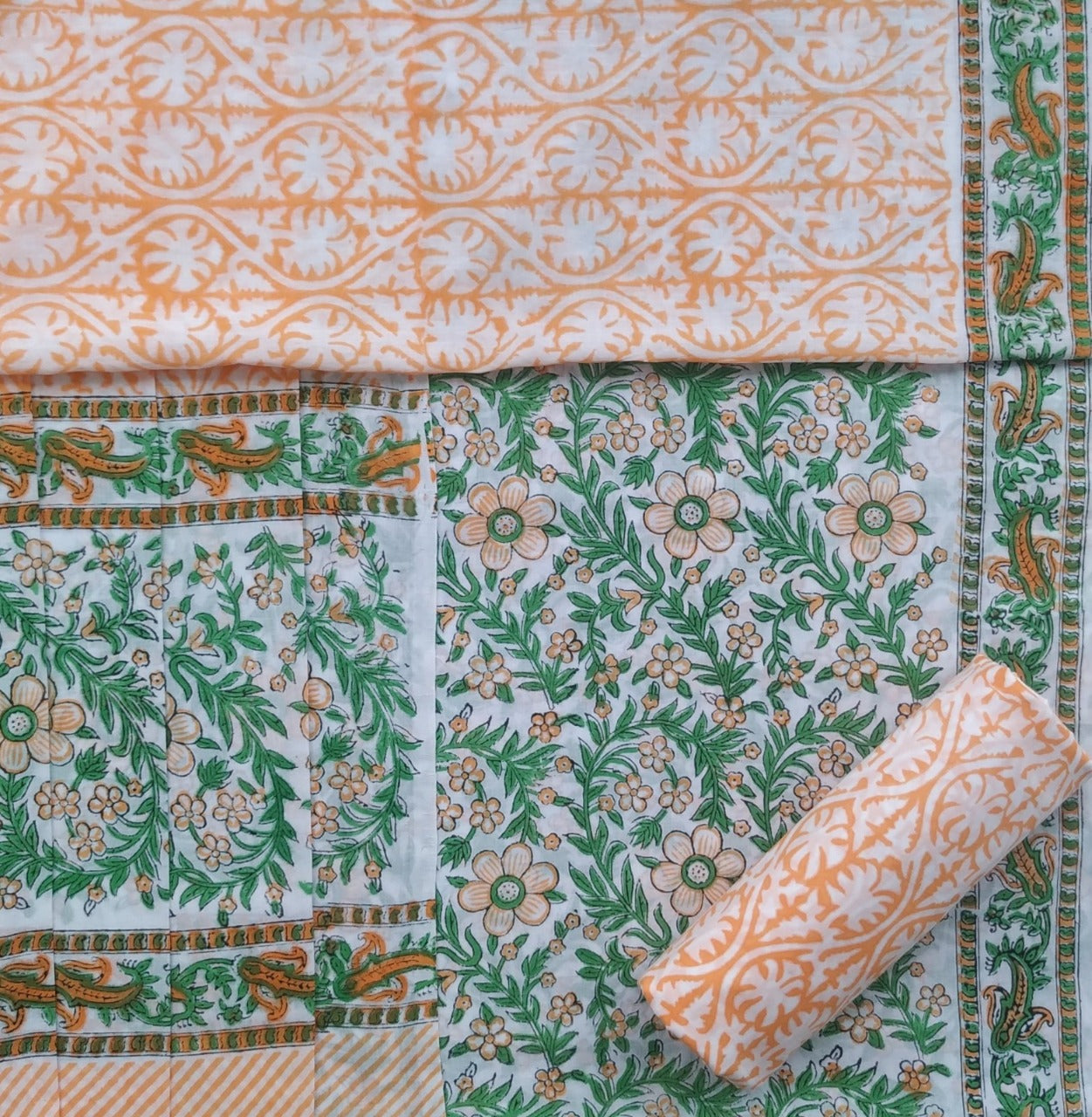 Shop unstitched block print cotton suit material with mulmul dupatta (COT199)