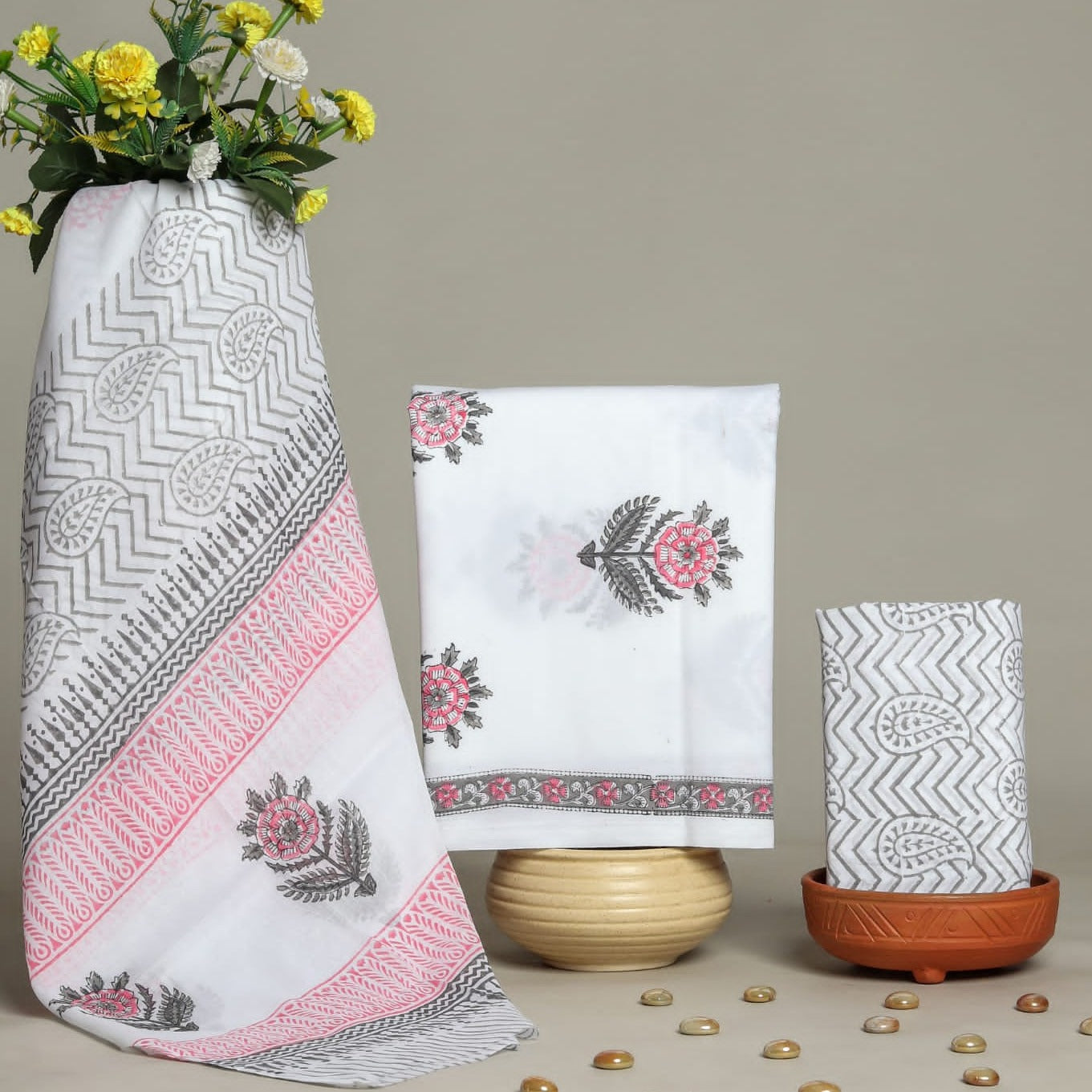 Shop block print cotton suits with mulmul dupatta online (COT21)